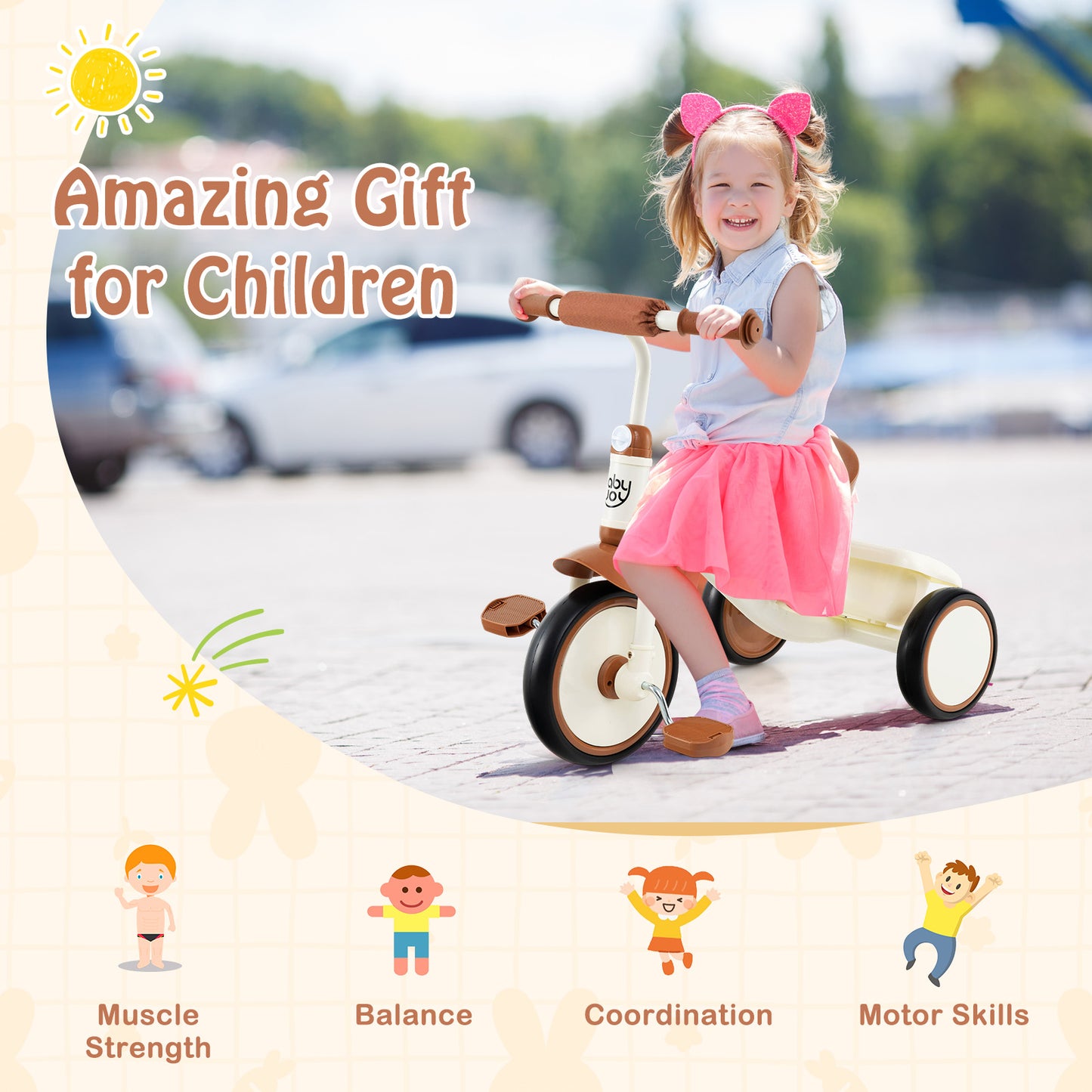 Toddler Tricycle Kids Trike with Adjustable Seat and Basket Aged 3-5 Years Old-Beige Kids Crystal