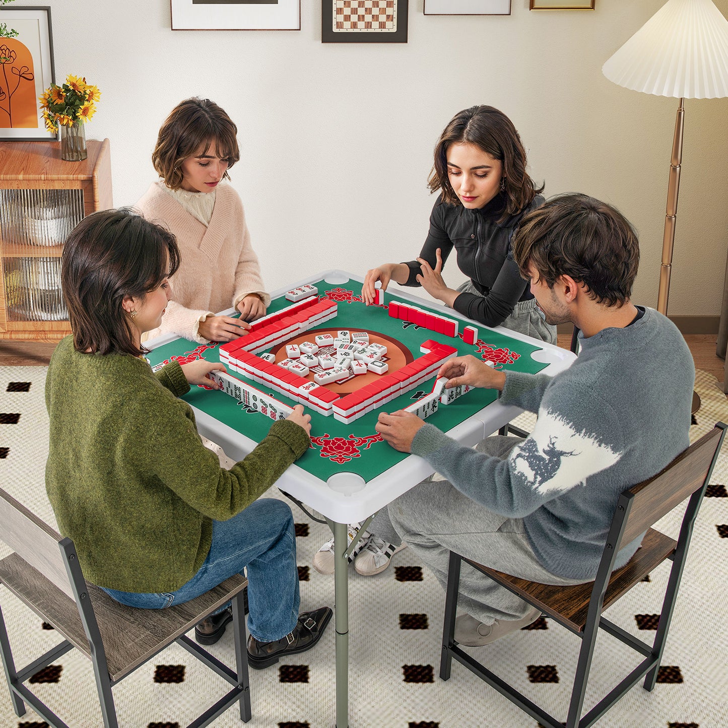 35 Inch 4 Player Game Card Folding Mahjong Table with Cup Holders-Light Green Kids Crystal