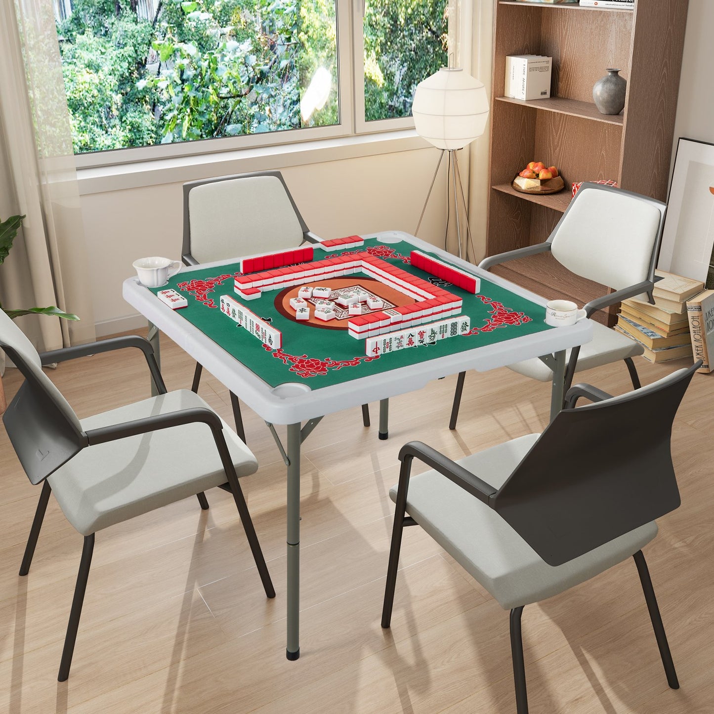35 Inch 4 Player Game Card Folding Mahjong Table with Cup Holders-Light Green Kids Crystal