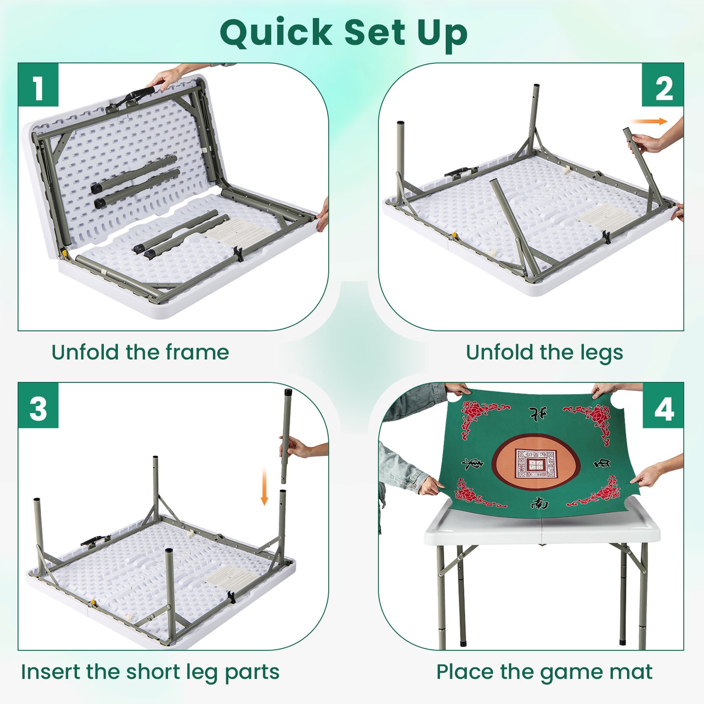 35 Inch 4 Player Game Card Folding Mahjong Table with Cup Holders-Light Green Kids Crystal