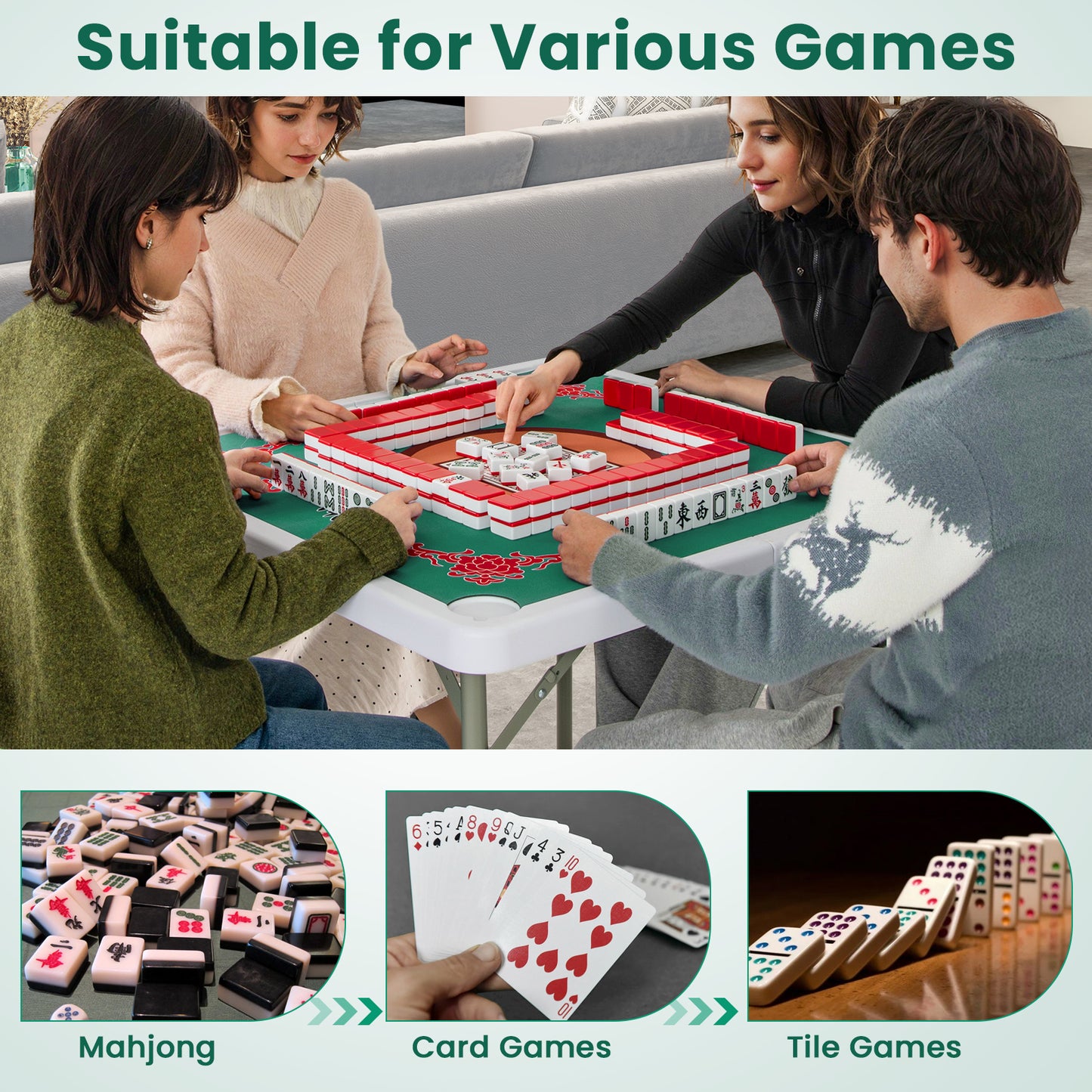35 Inch 4 Player Game Card Folding Mahjong Table with Cup Holders-Light Green Kids Crystal