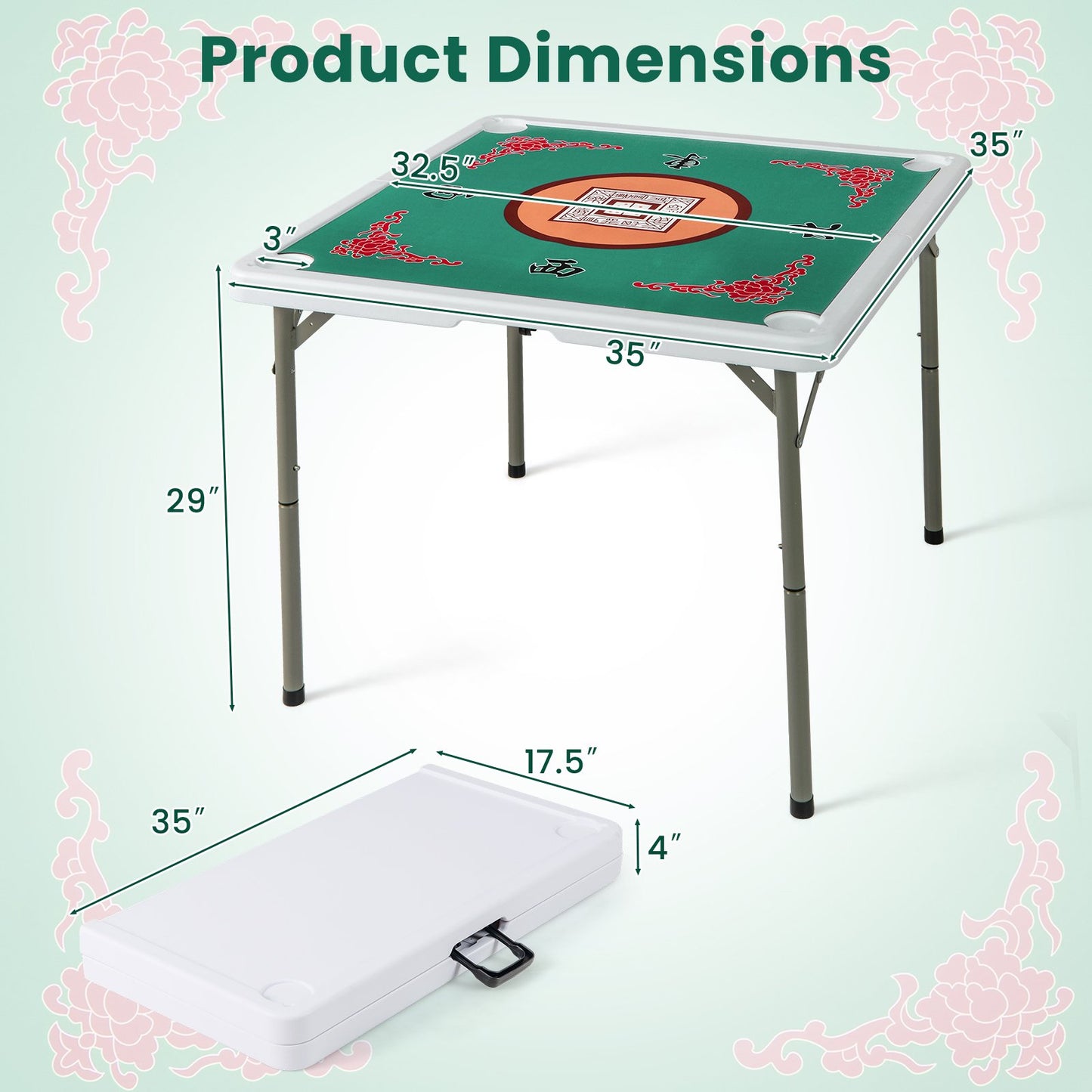 35 Inch 4 Player Game Card Folding Mahjong Table with Cup Holders-Light Green Kids Crystal