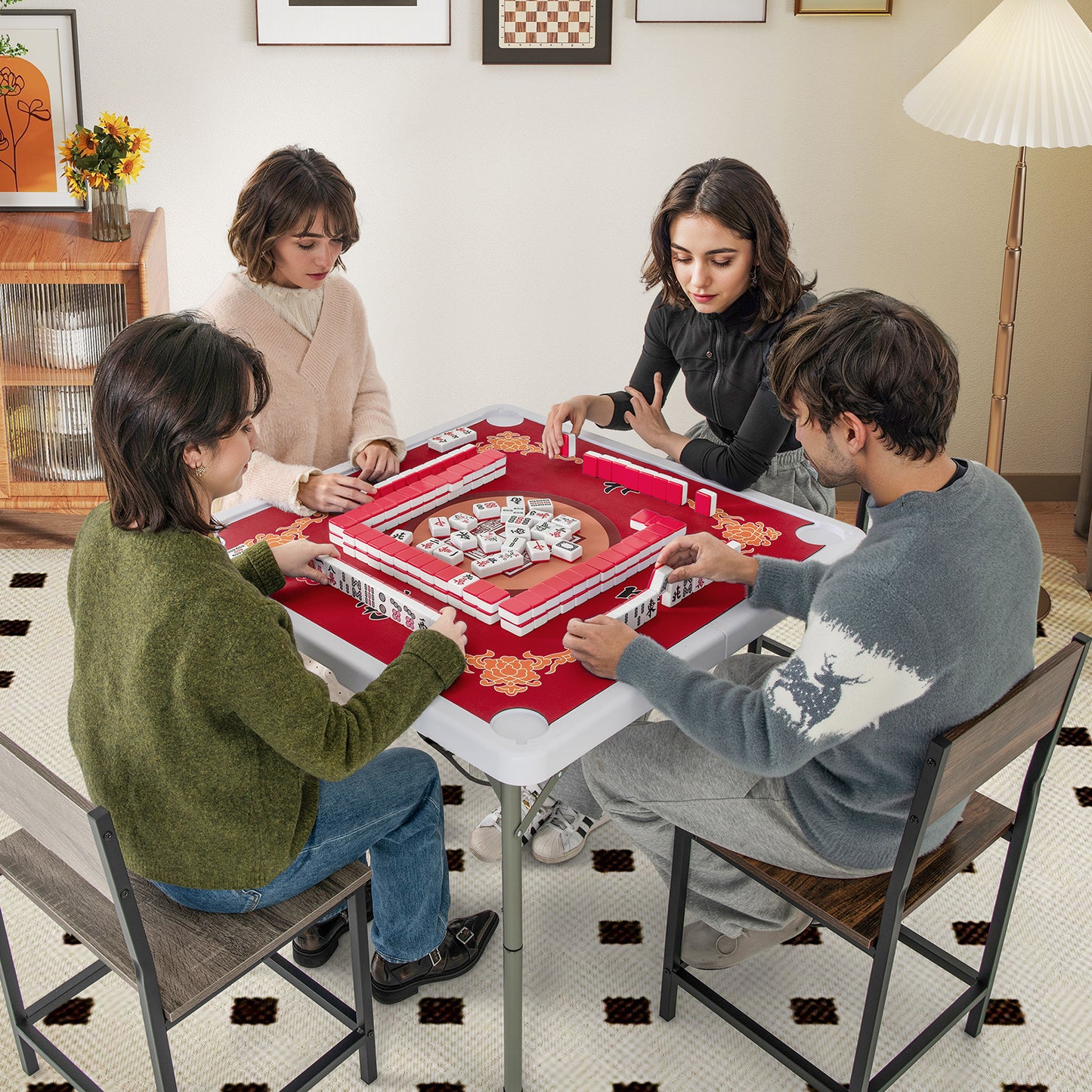 35 Inch 4 Player Game Card Folding Mahjong Table with Cup Holders-Red