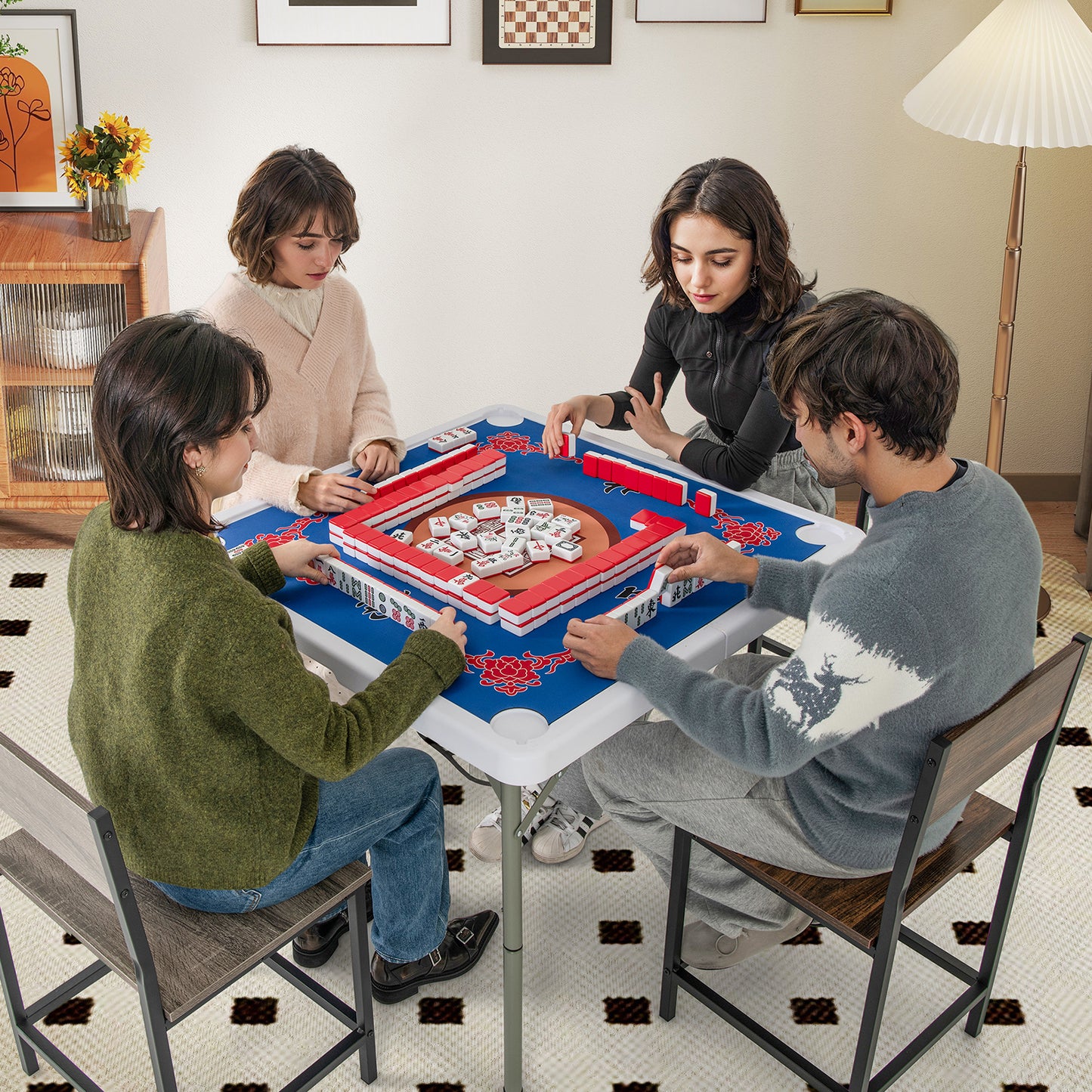 35 Inch 4 Player Game Card Folding Mahjong Table with Cup Holders-Blue Kids Crystal