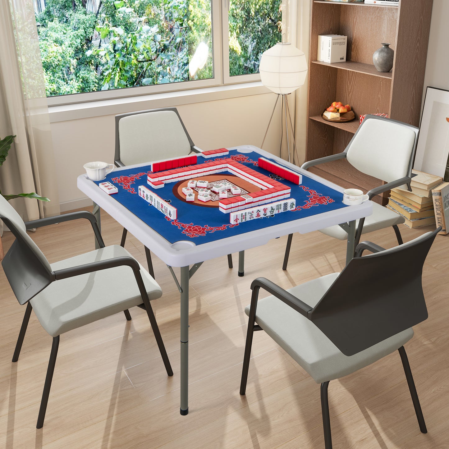 35 Inch 4 Player Game Card Folding Mahjong Table with Cup Holders-Blue Kids Crystal