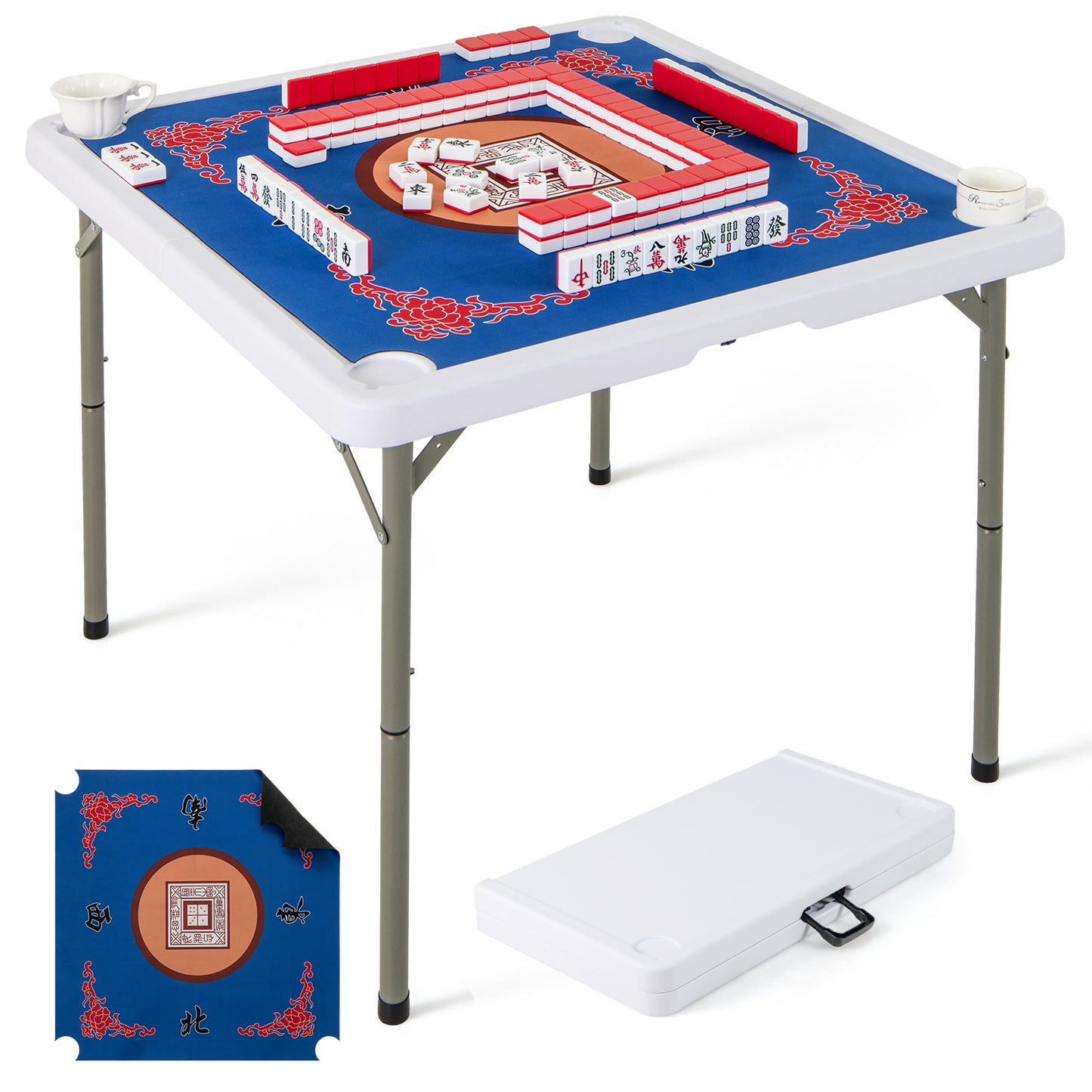 35 Inch 4 Player Game Card Folding Mahjong Table with Cup Holders-Blue Kids Crystal