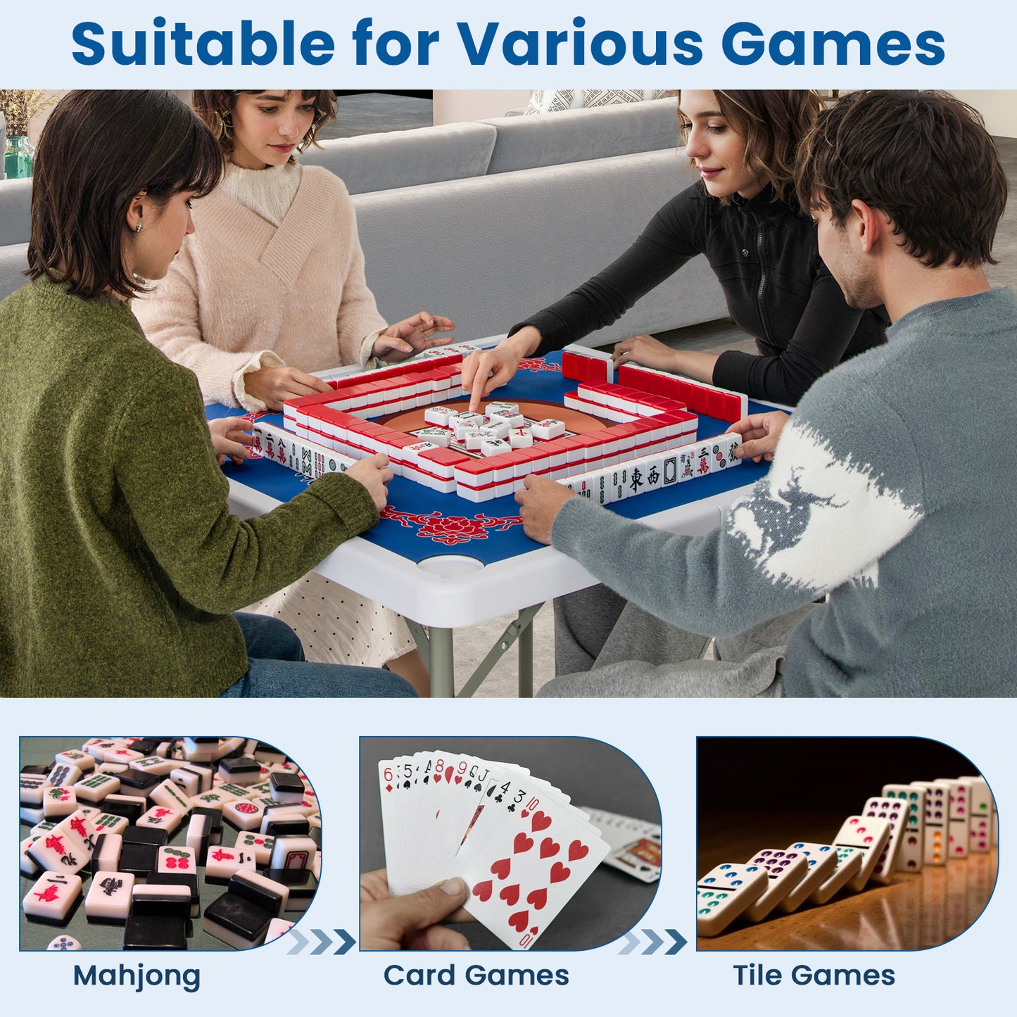 35 Inch 4 Player Game Card Folding Mahjong Table with Cup Holders-Blue Kids Crystal