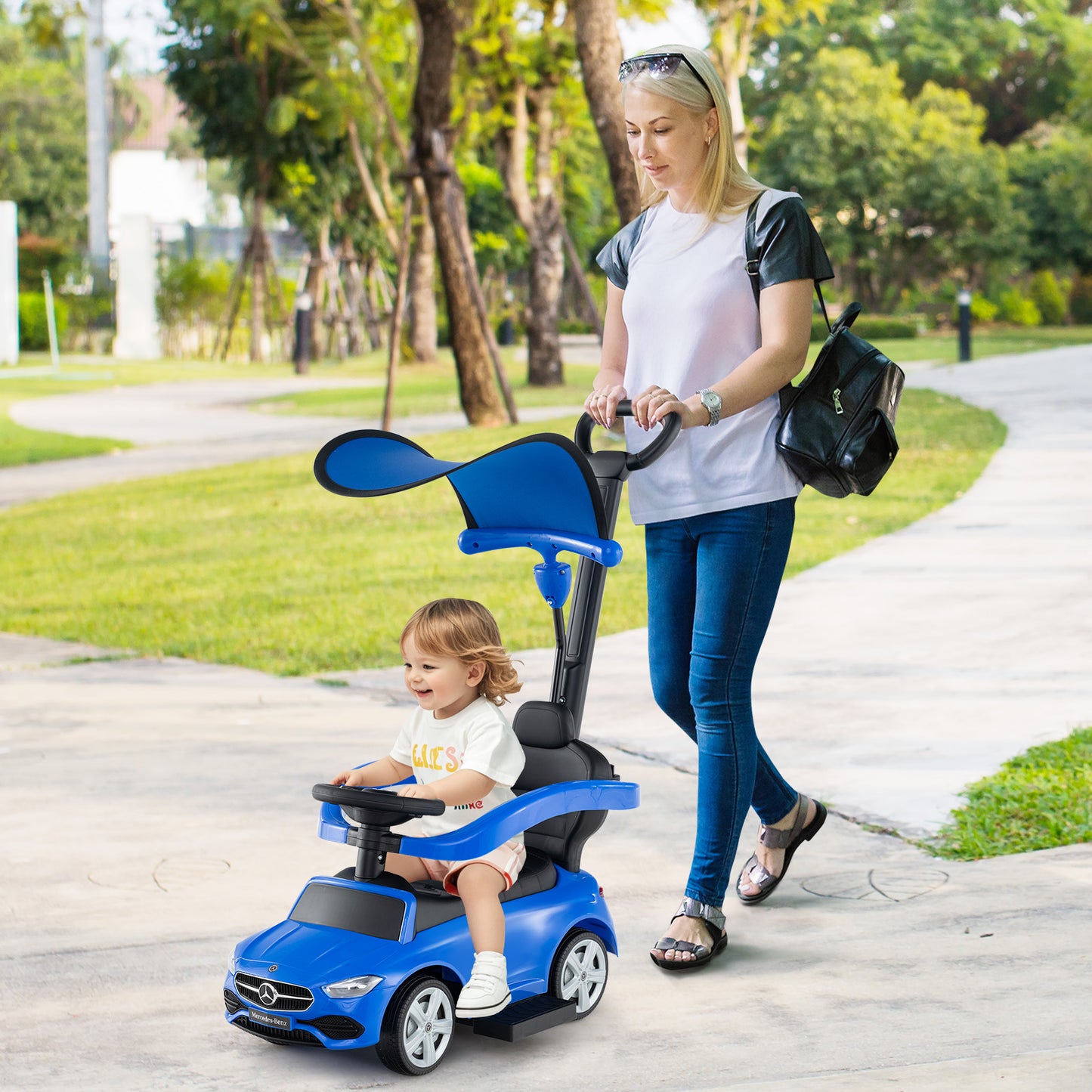 3-in-1 Ride on Push Car Mercedes-Benz Licensed Sliding Car with Canopy-Blue Kids Crystal