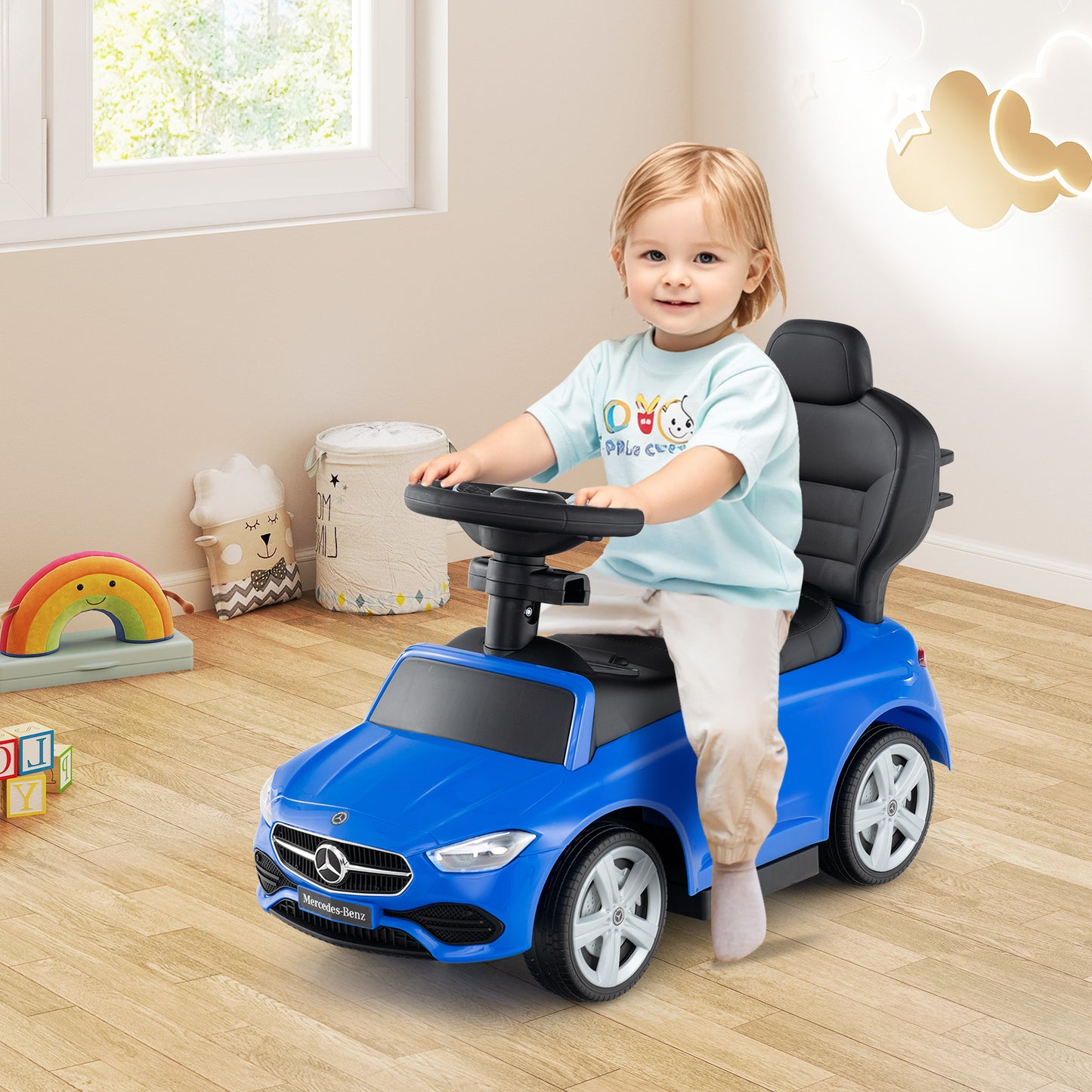 3-in-1 Ride on Push Car Mercedes-Benz Licensed Sliding Car with Canopy-Blue Kids Crystal