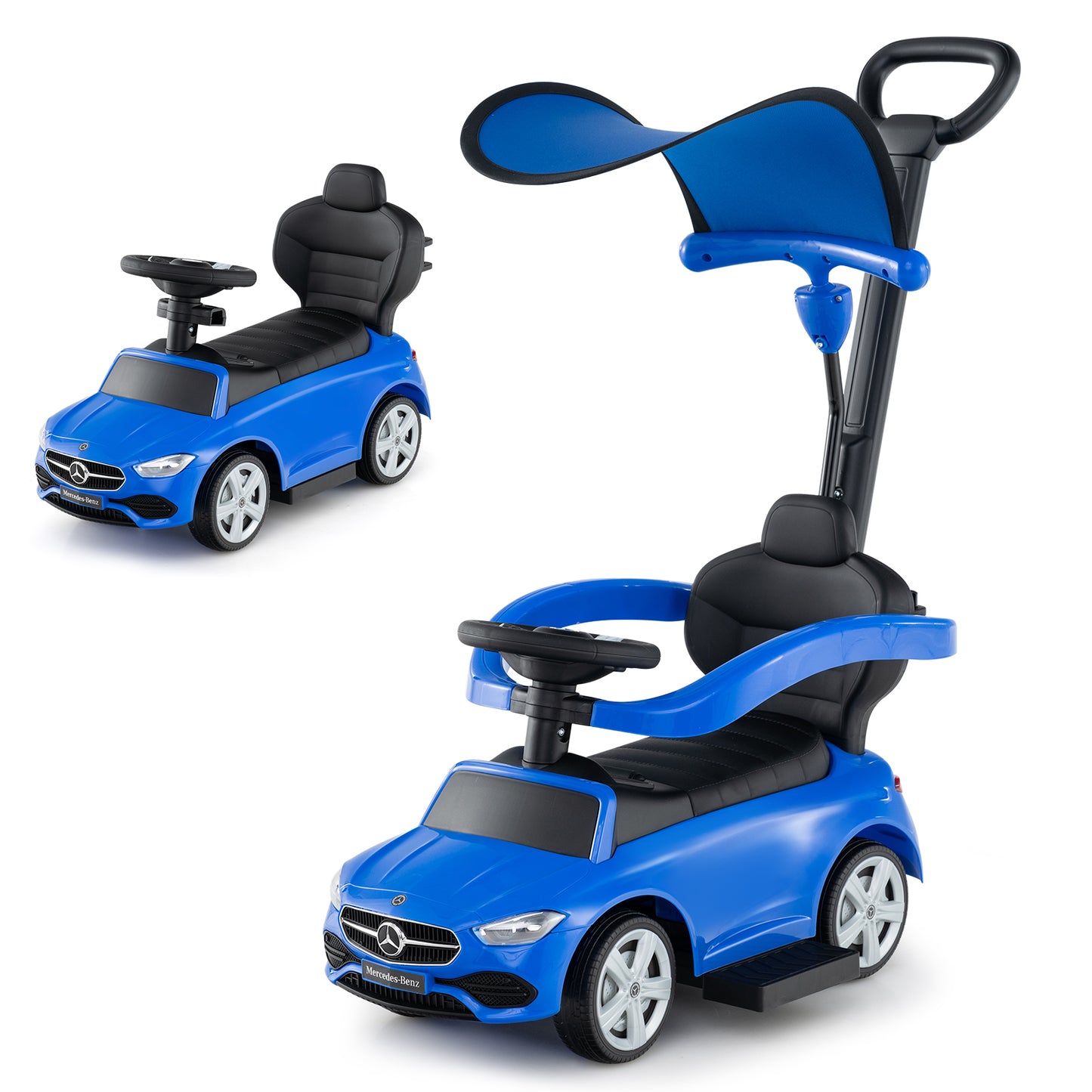 3-in-1 Ride on Push Car Mercedes-Benz Licensed Sliding Car with Canopy-Blue Kids Crystal
