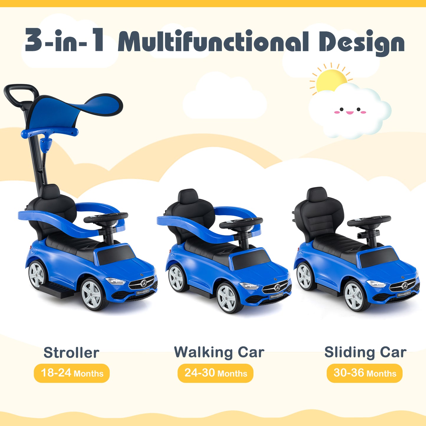 3-in-1 Ride on Push Car Mercedes-Benz Licensed Sliding Car with Canopy-Blue Kids Crystal