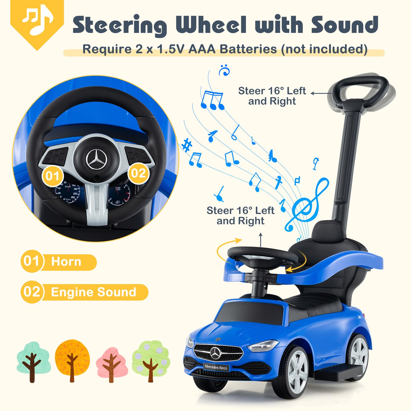 3-in-1 Ride on Push Car Mercedes-Benz Licensed Sliding Car with Canopy-Blue Kids Crystal