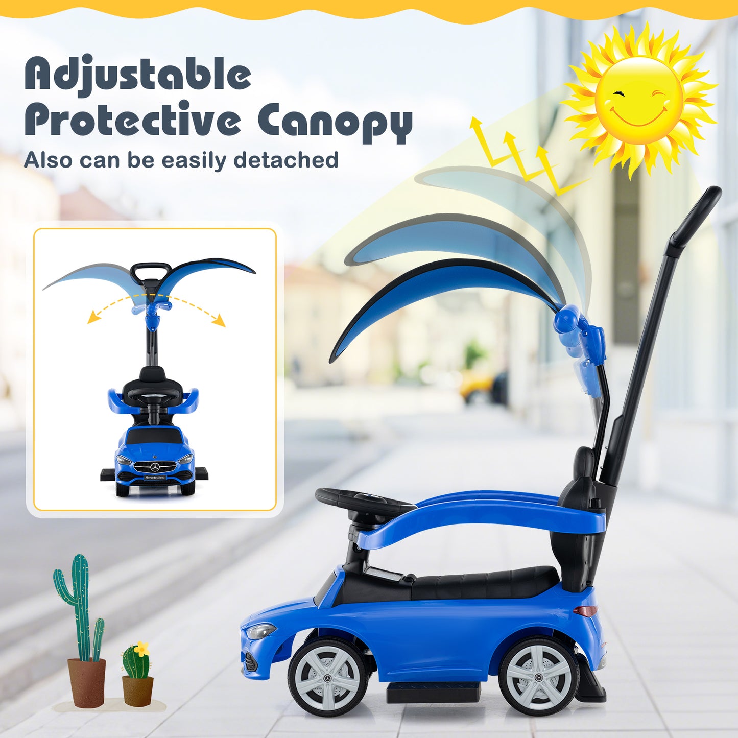 3-in-1 Ride on Push Car Mercedes-Benz Licensed Sliding Car with Canopy-Blue Kids Crystal