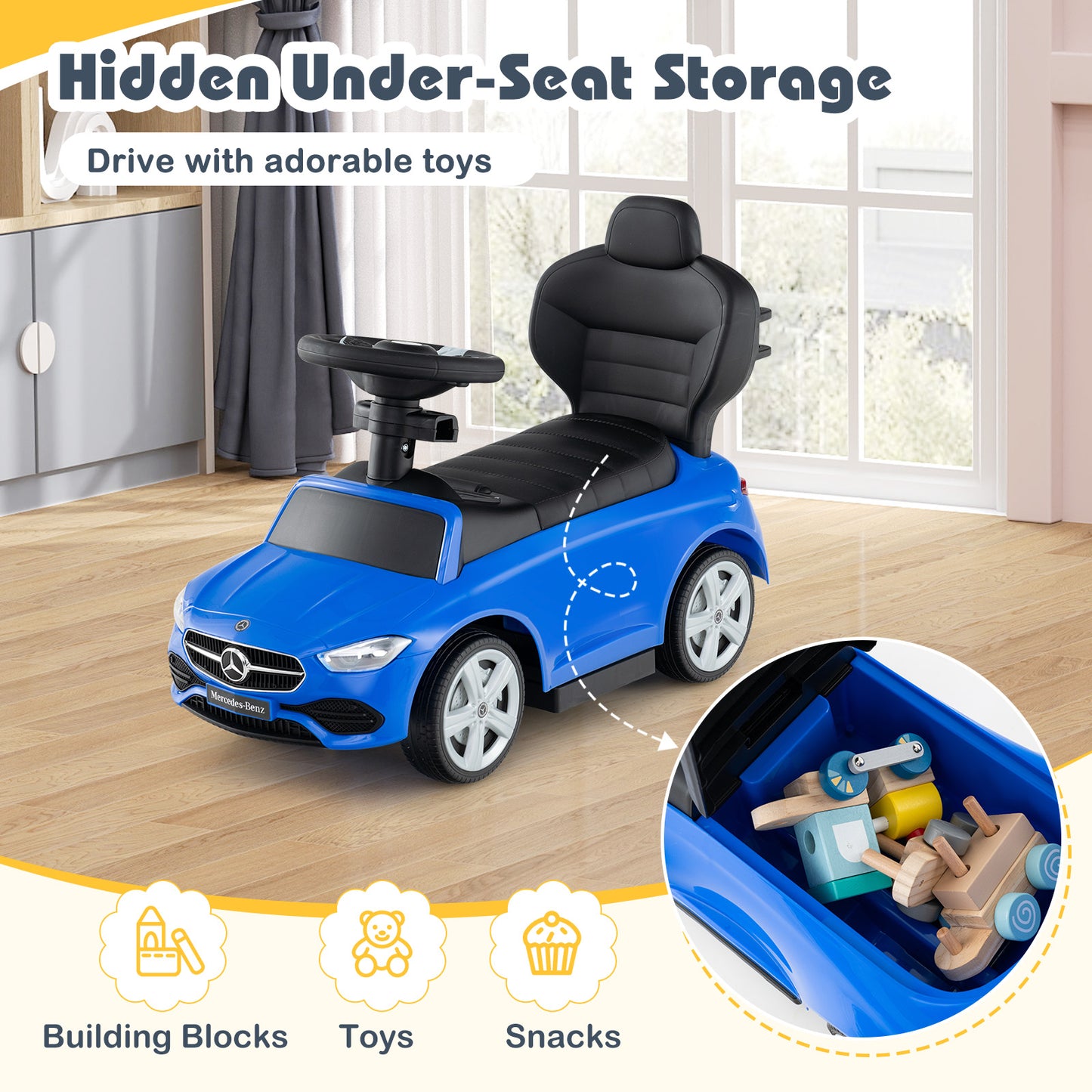 3-in-1 Ride on Push Car Mercedes-Benz Licensed Sliding Car with Canopy-Blue Kids Crystal