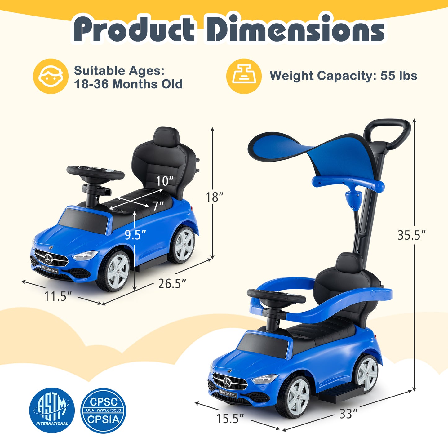 3-in-1 Ride on Push Car Mercedes-Benz Licensed Sliding Car with Canopy-Blue Kids Crystal
