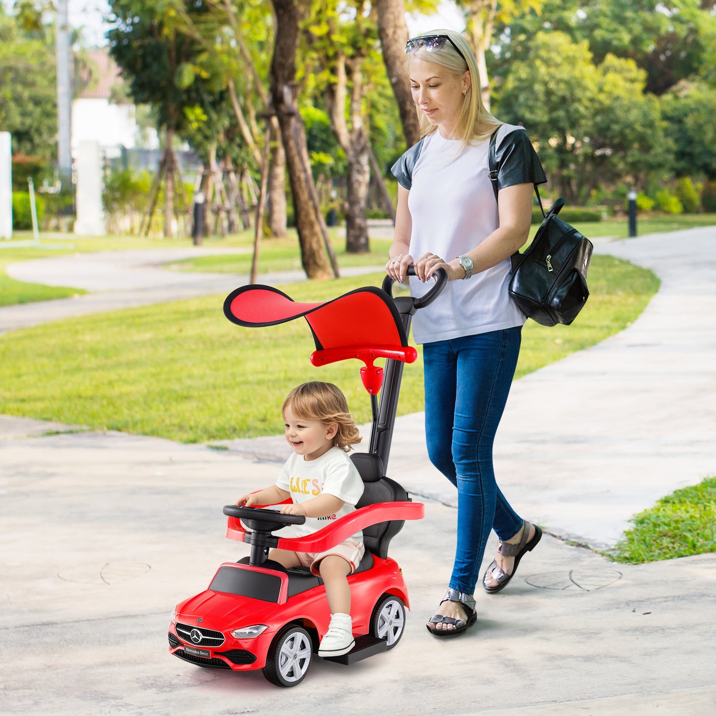 3-in-1 Ride on Push Car Mercedes-Benz Licensed Sliding Car with Canopy-Red Kids Crystal