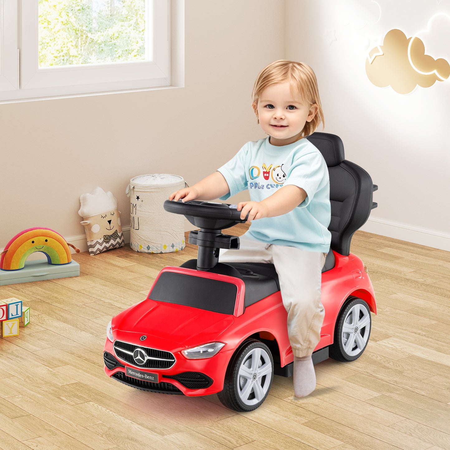 3-in-1 Ride on Push Car Mercedes-Benz Licensed Sliding Car with Canopy-Red Kids Crystal