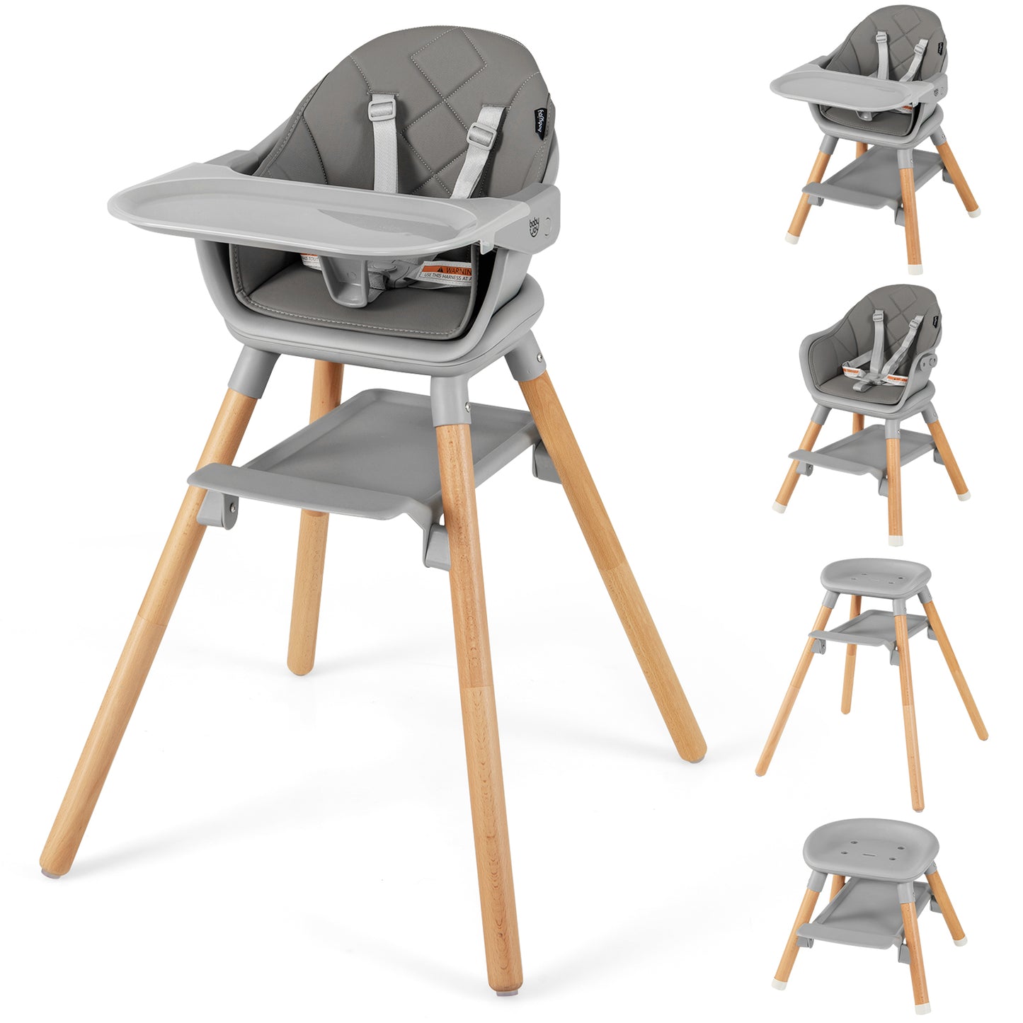 6 in 1 Convertible Highchair with Safety Harness and Removable Tray-Gray Kids Crystal