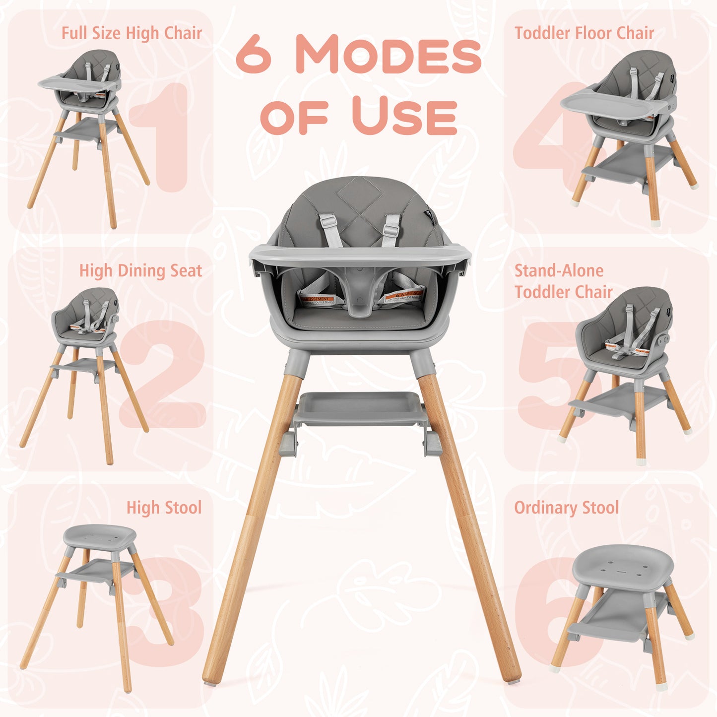 6 in 1 Convertible Highchair with Safety Harness and Removable Tray-Gray Kids Crystal