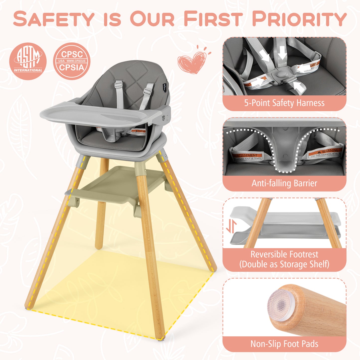 6 in 1 Convertible Highchair with Safety Harness and Removable Tray-Gray Kids Crystal