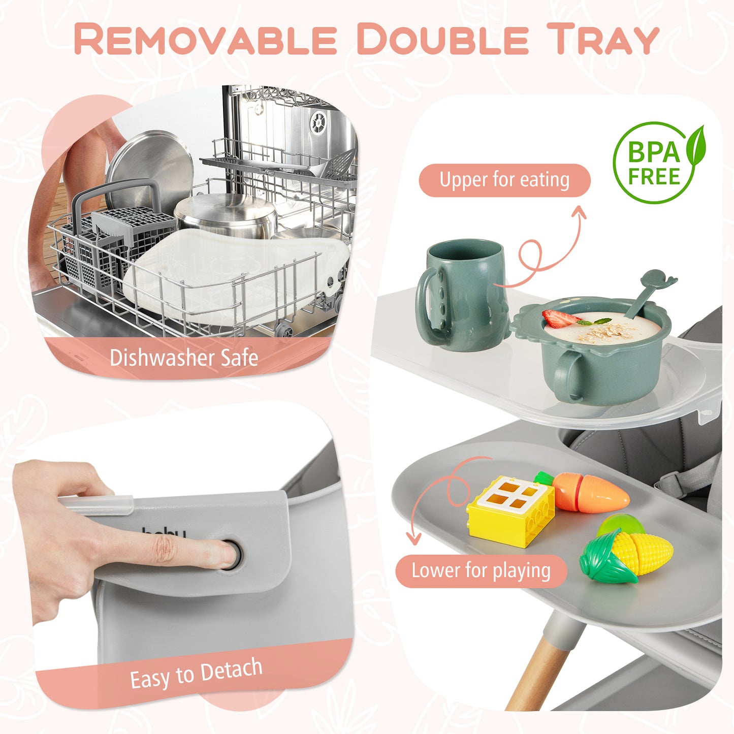 6 in 1 Convertible Highchair with Safety Harness and Removable Tray-Gray Kids Crystal