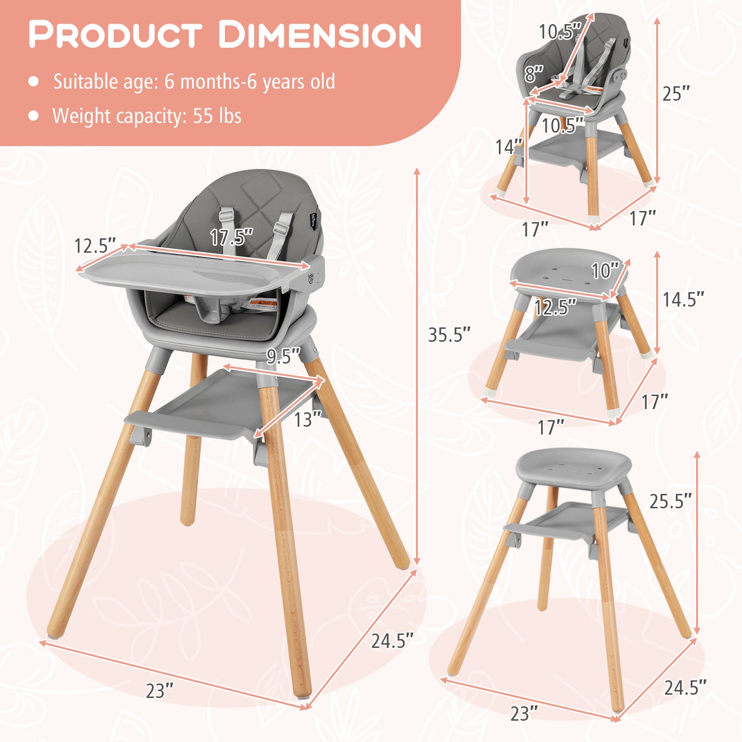 6 in 1 Convertible Highchair with Safety Harness and Removable Tray-Gray Kids Crystal
