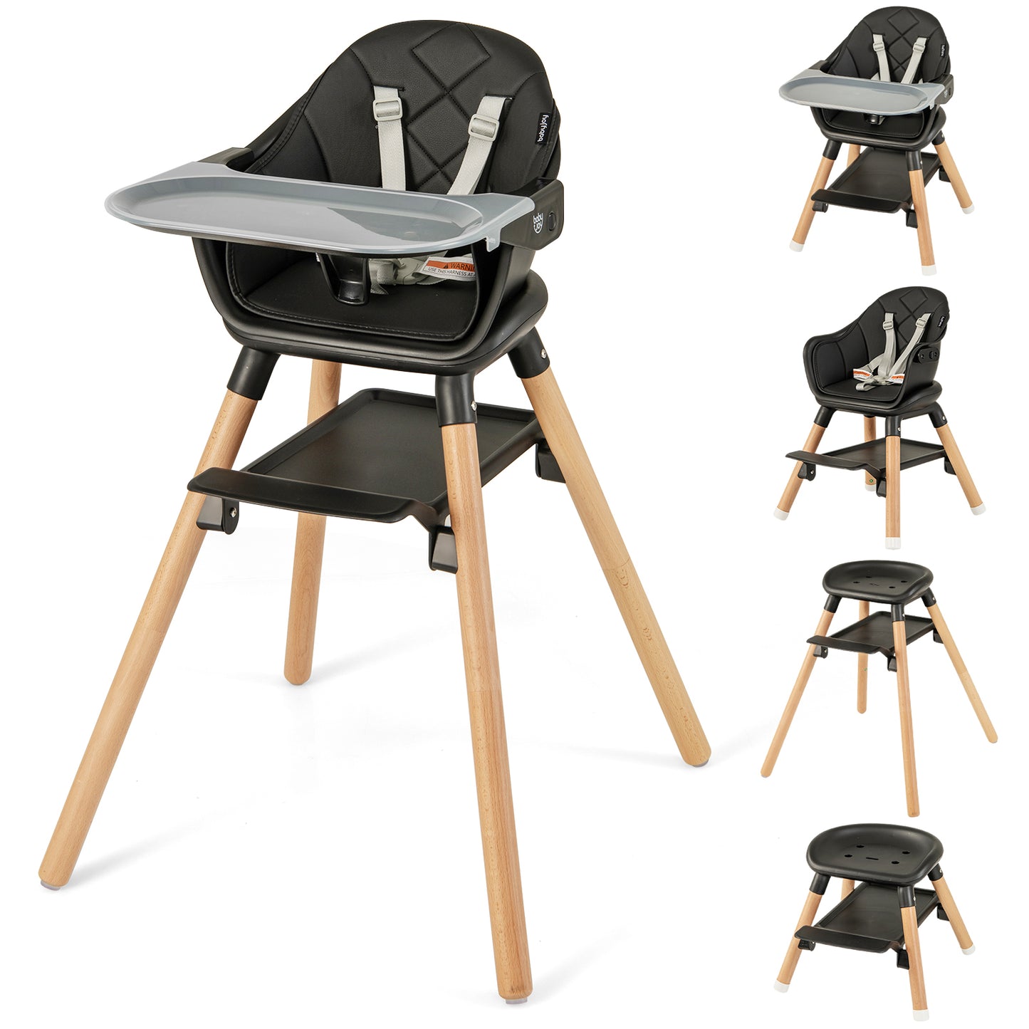 6 in 1 Convertible Highchair with Safety Harness and Removable Tray-Black Kids Crystal