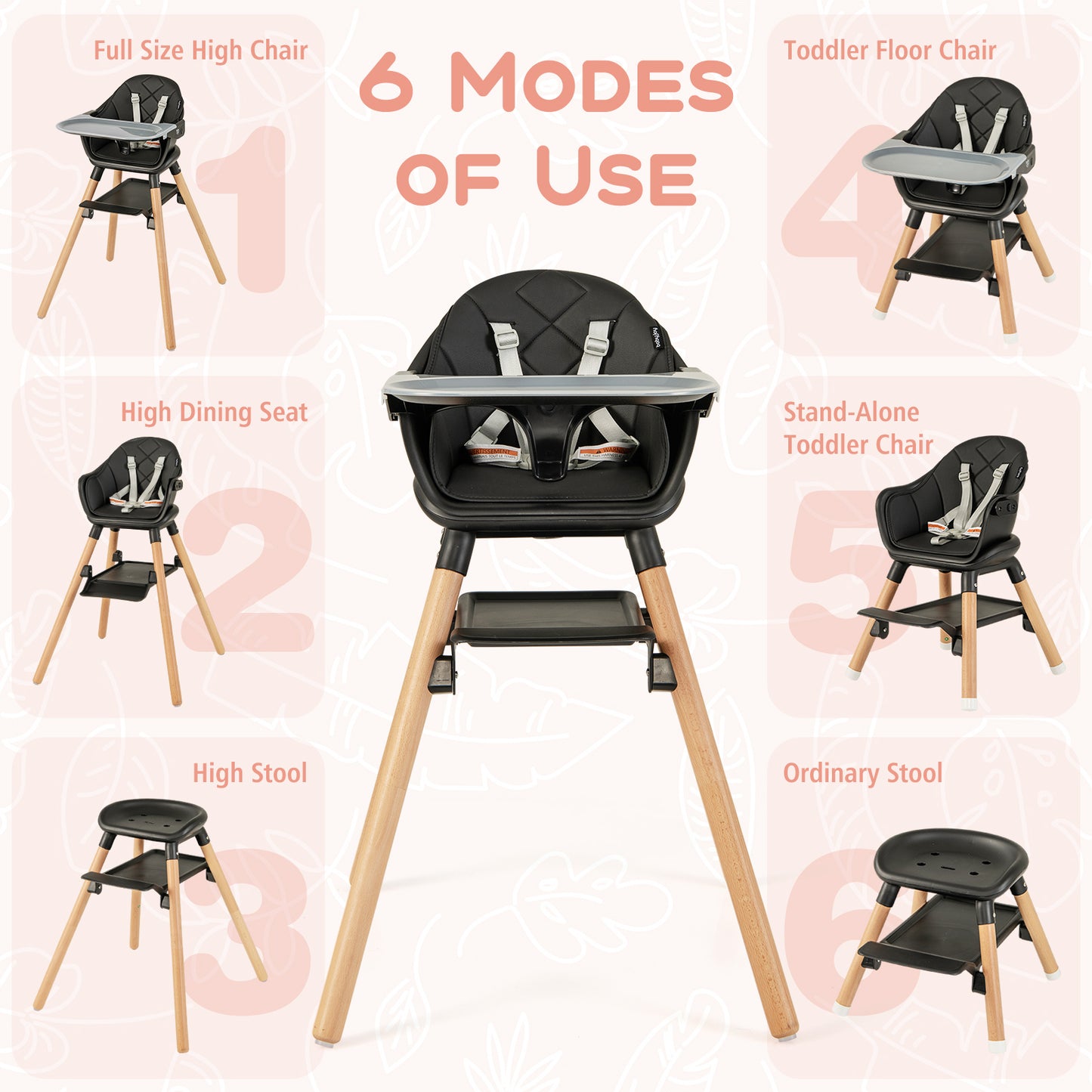6 in 1 Convertible Highchair with Safety Harness and Removable Tray-Black Kids Crystal