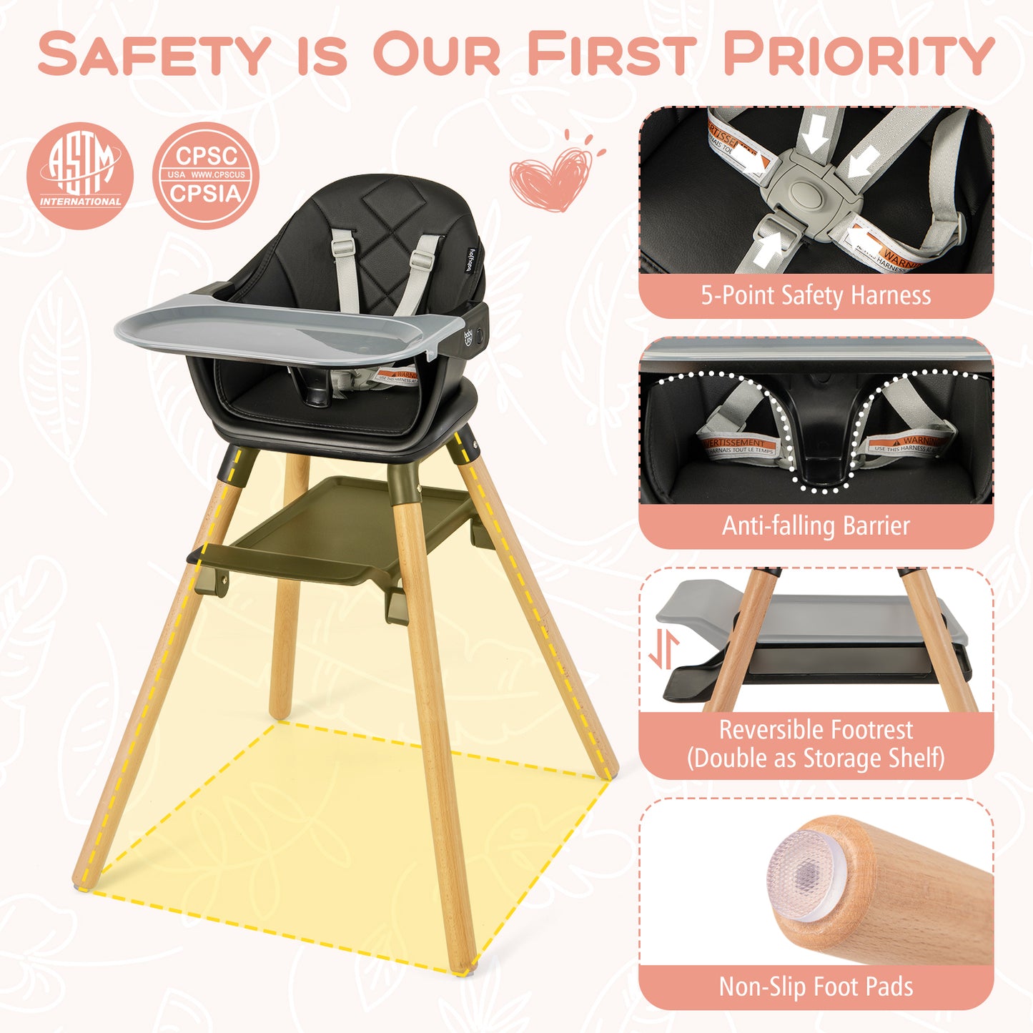 6 in 1 Convertible Highchair with Safety Harness and Removable Tray-Black Kids Crystal