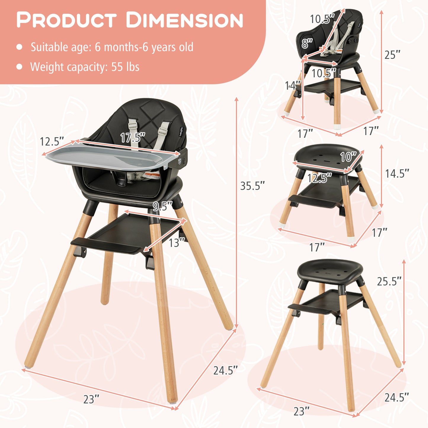 6 in 1 Convertible Highchair with Safety Harness and Removable Tray-Black Kids Crystal