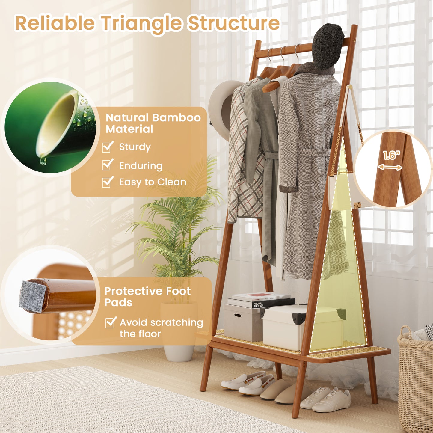 Bamboo Clothes Rack with Hanging Rod Rattan Shelf and Copper Hooks-Brown Kids Crystal