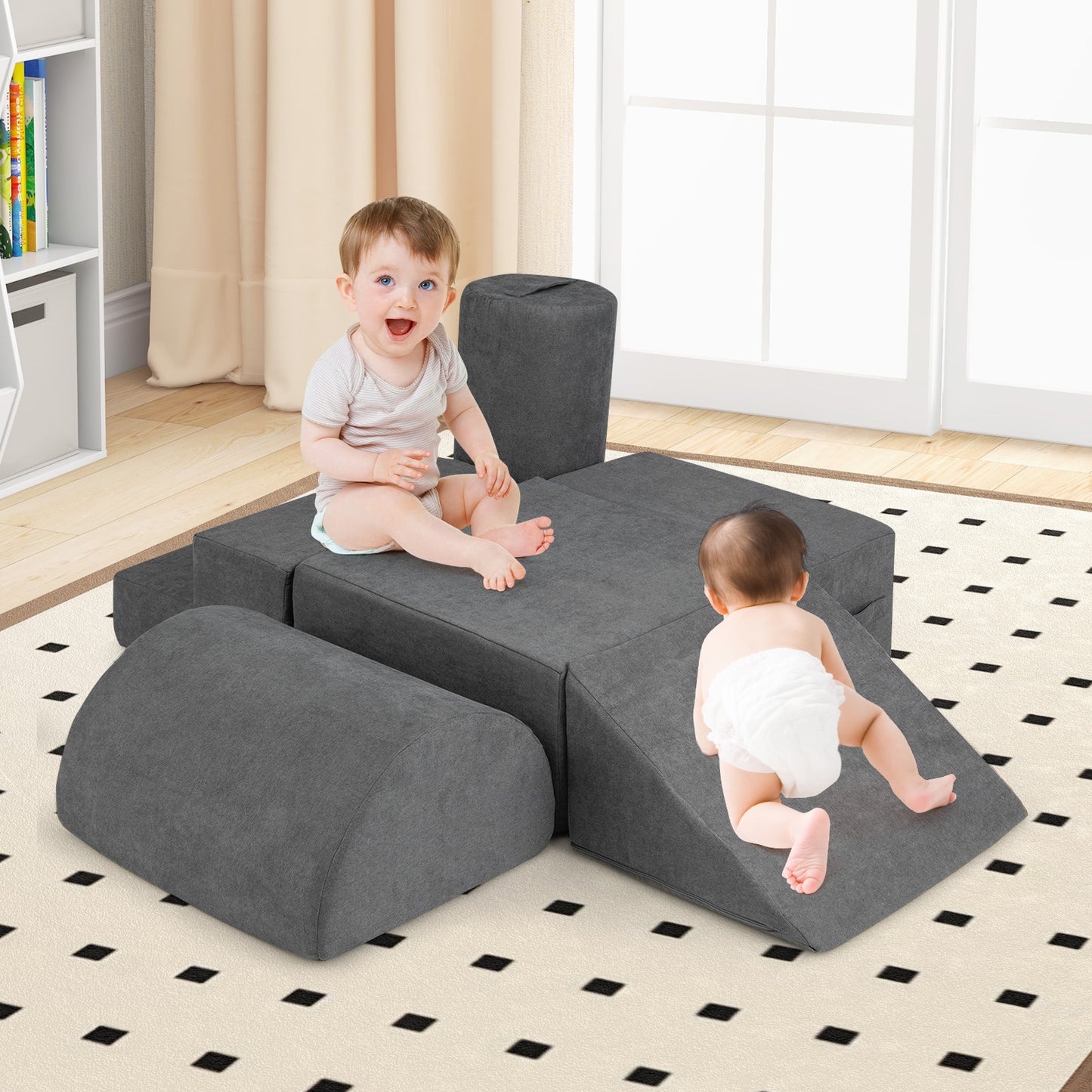 6-Piece Baby Climbing Blocks with 30D High-Density Foam and Carrying Handles-Gray Kids Crystal