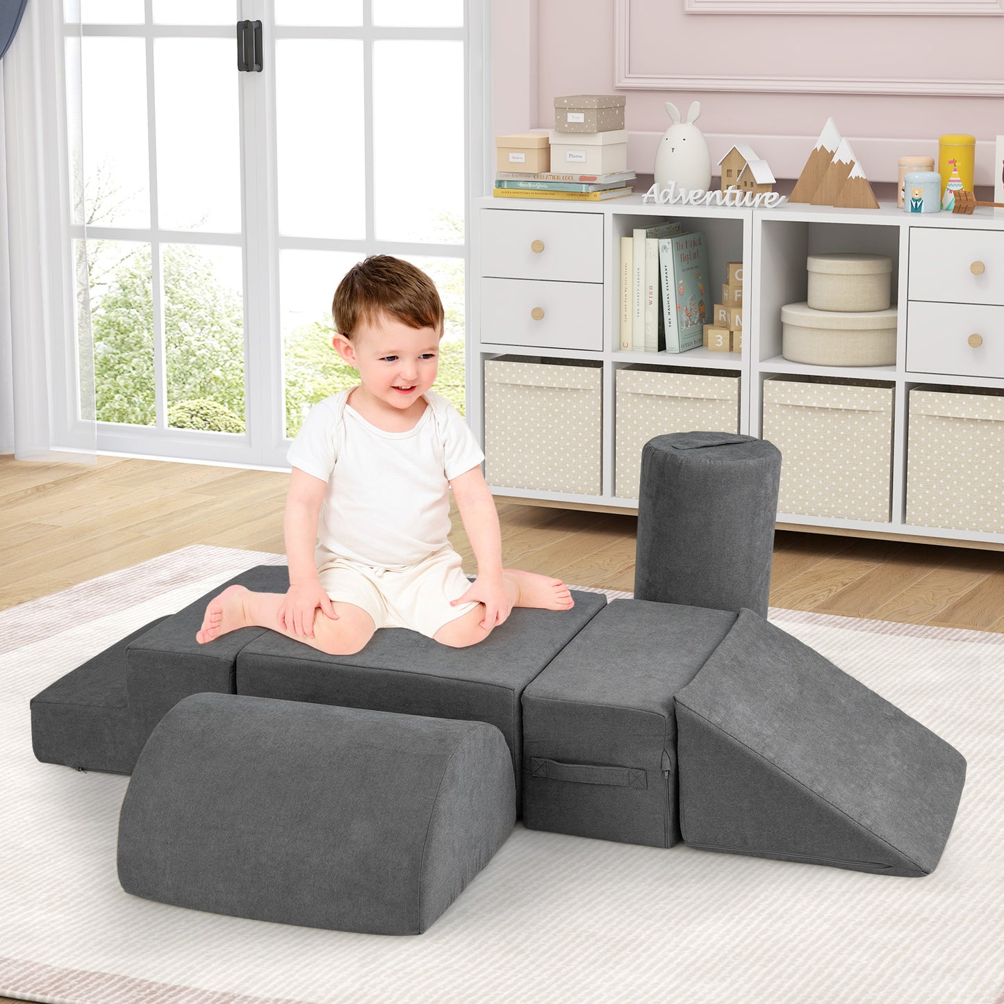 6-Piece Baby Climbing Blocks with 30D High-Density Foam and Carrying Handles-Gray Kids Crystal