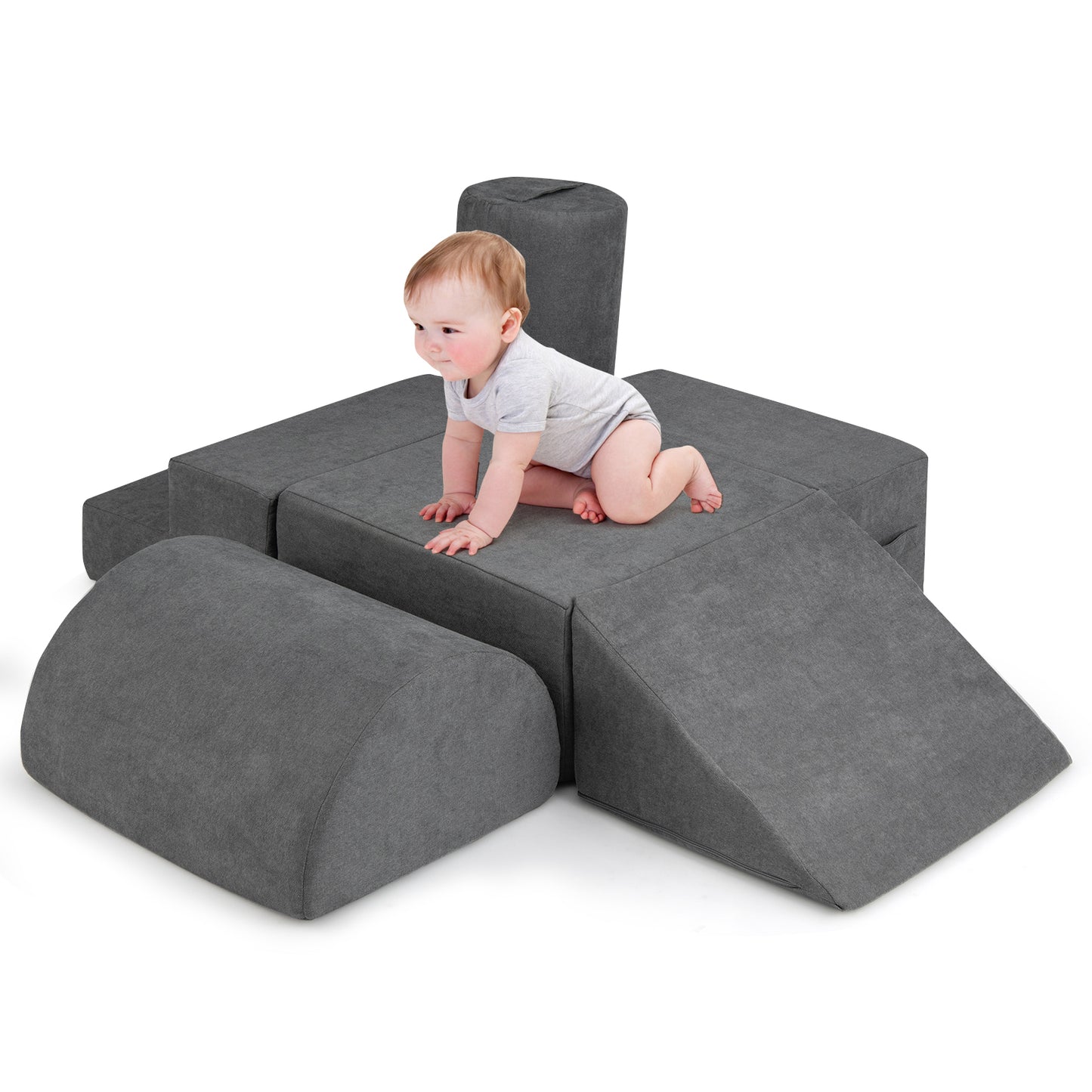 6-Piece Baby Climbing Blocks with 30D High-Density Foam and Carrying Handles-Gray Kids Crystal