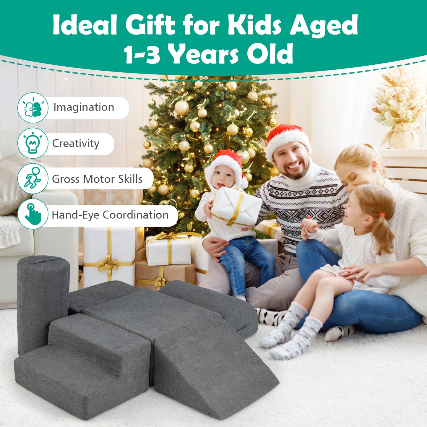 6-Piece Baby Climbing Blocks with 30D High-Density Foam and Carrying Handles-Gray Kids Crystal