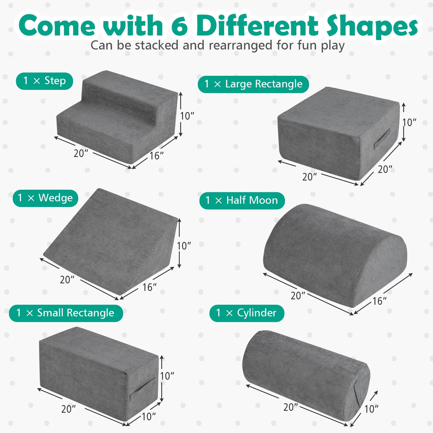 6-Piece Baby Climbing Blocks with 30D High-Density Foam and Carrying Handles-Gray Kids Crystal