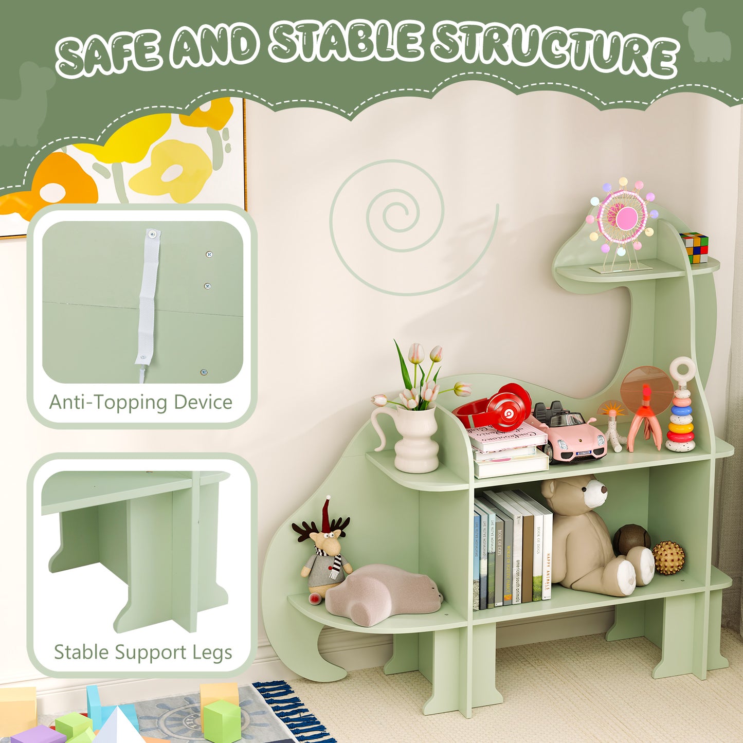 3-Tier Dinosaur Kids Bookshelf for Children-Green Kids Crystal