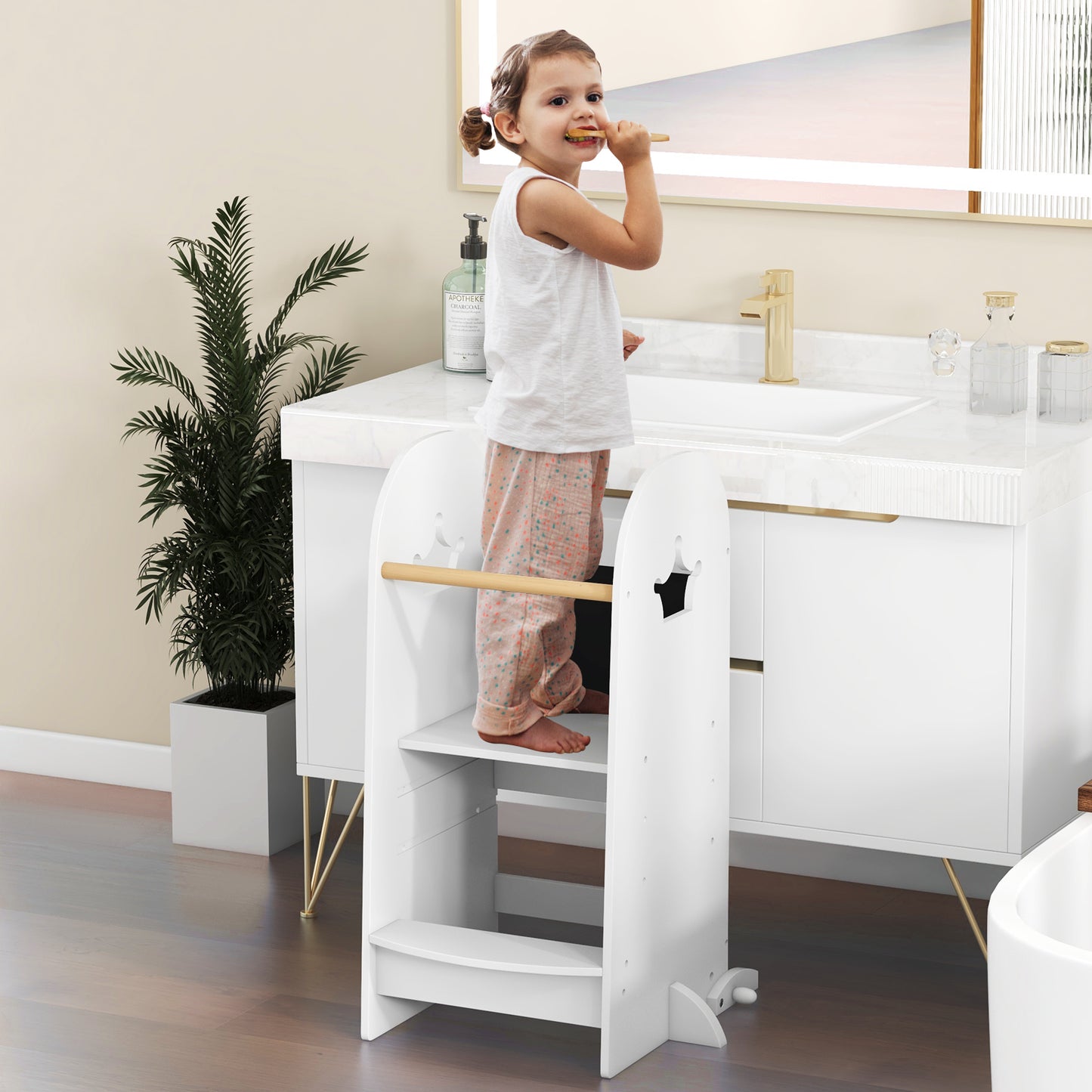 Kids Kitchen Tower Adjustable with Chalkboard and Safety Rail-White