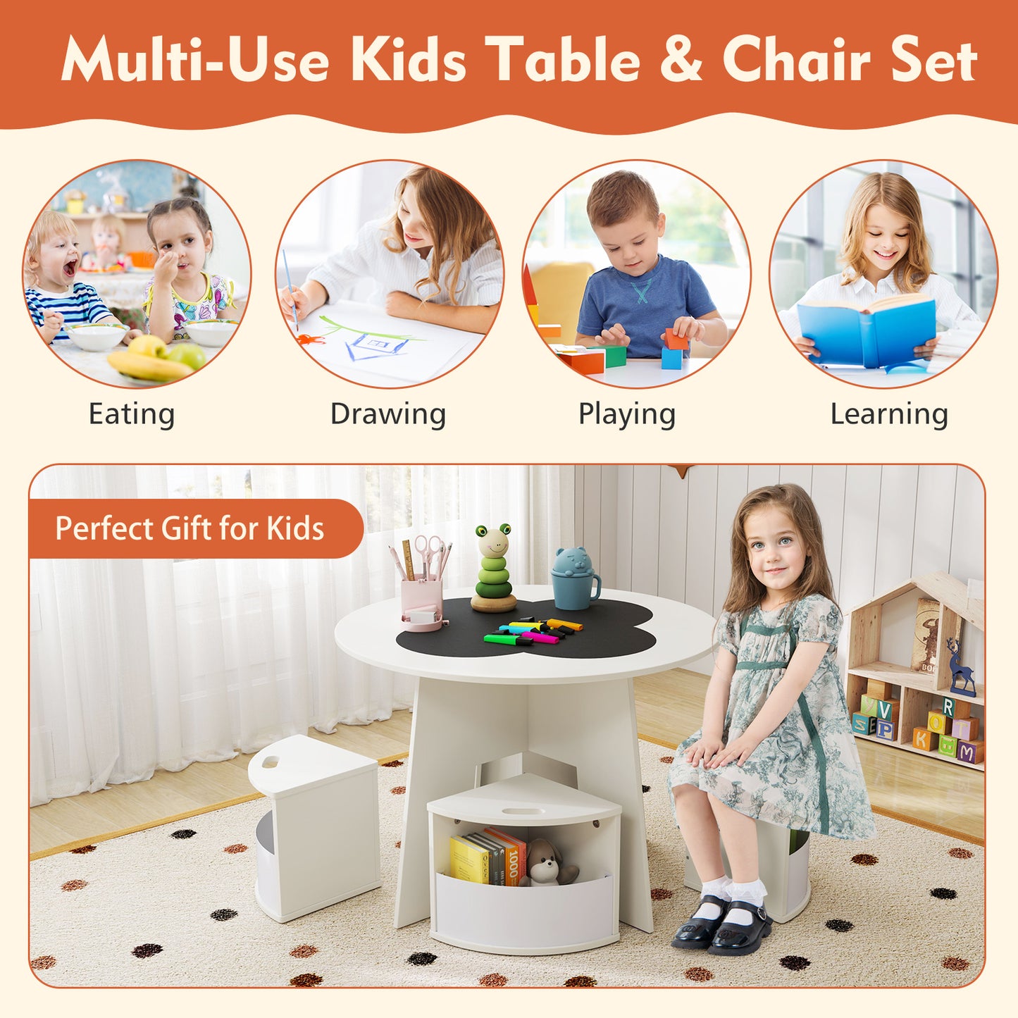 5 PCS Kids Table and Chair Set with Storage Stools for Activity-White Kids Crystal