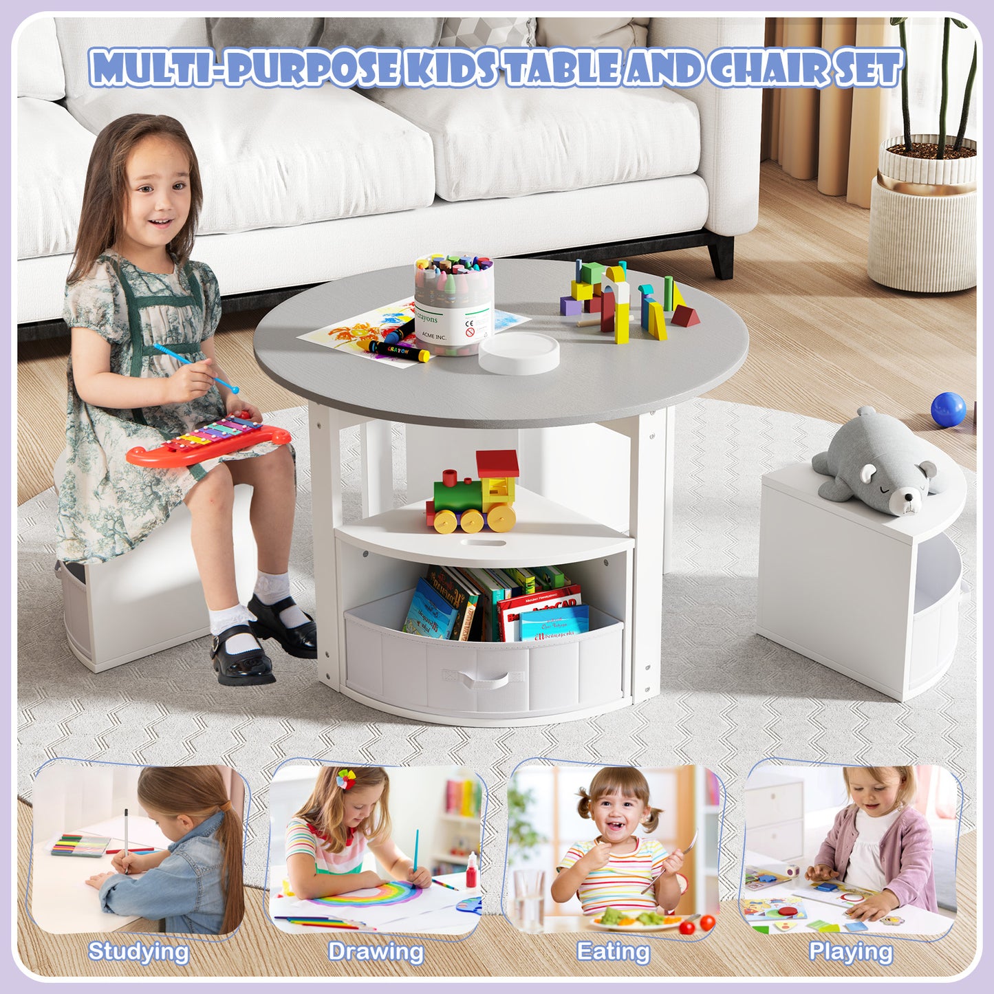 5 Piece Toddler Round Nesting Table with 4 Storage Stools for Activity-Grey Kids Crystal