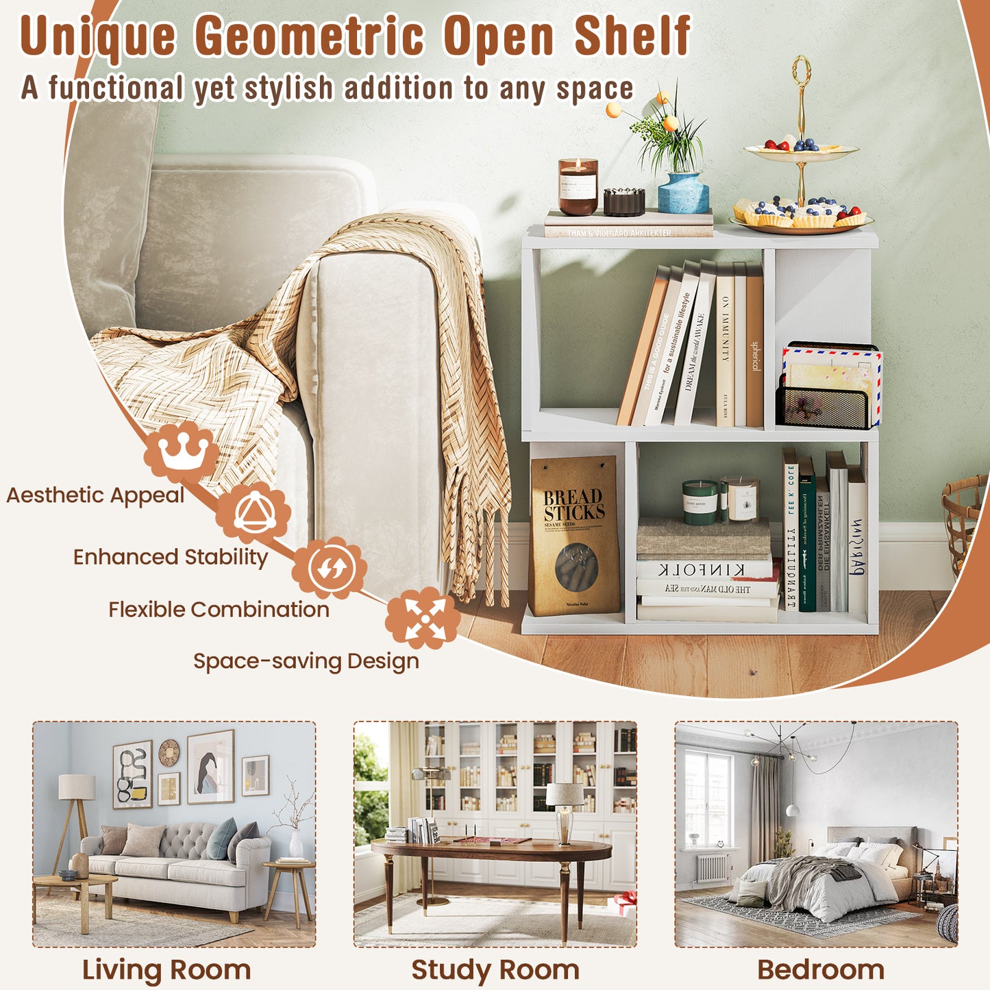 3-Tier Bookshelf with Display Shelf for Small Space-White Kids Crystal