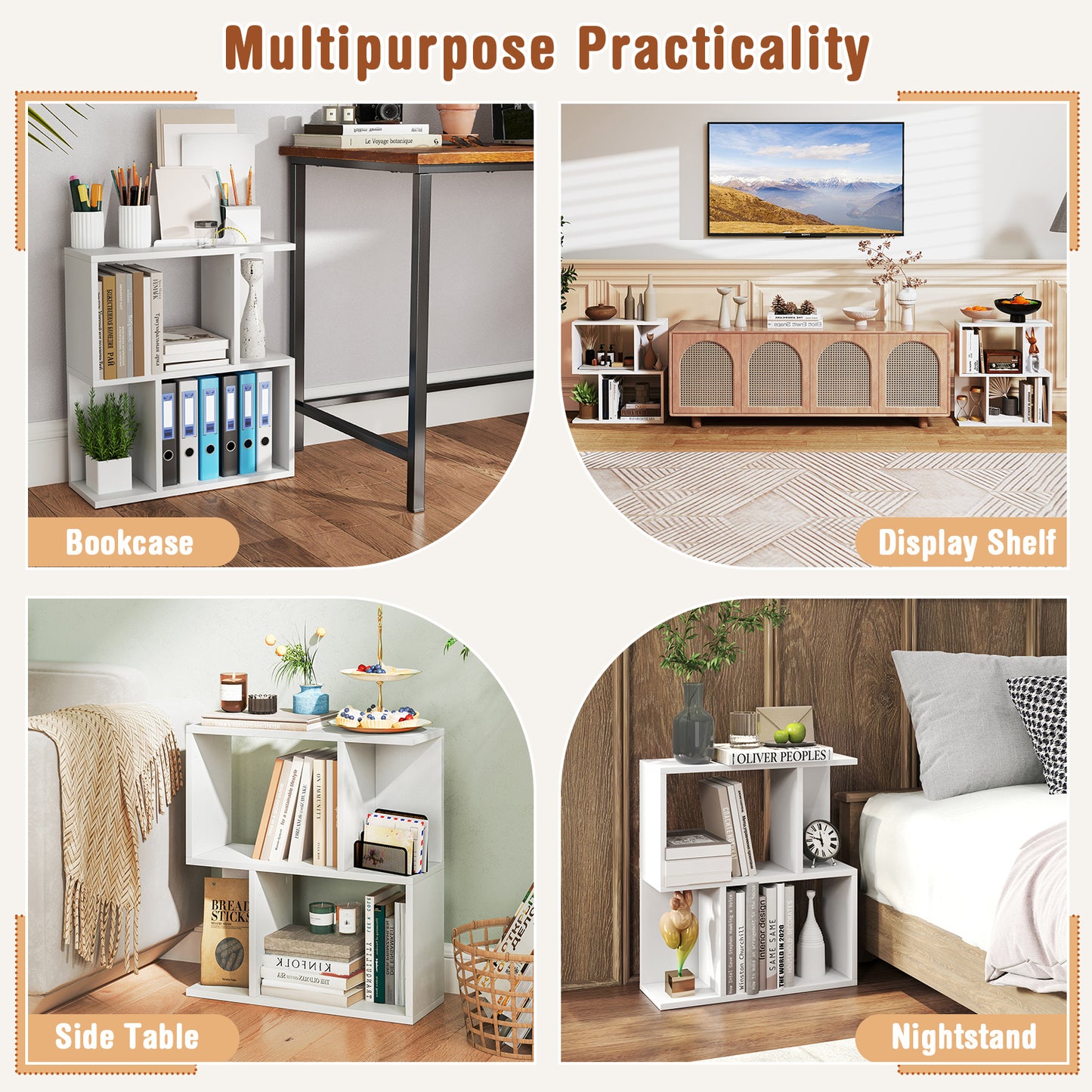 3-Tier Bookshelf with Display Shelf for Small Space-White Kids Crystal