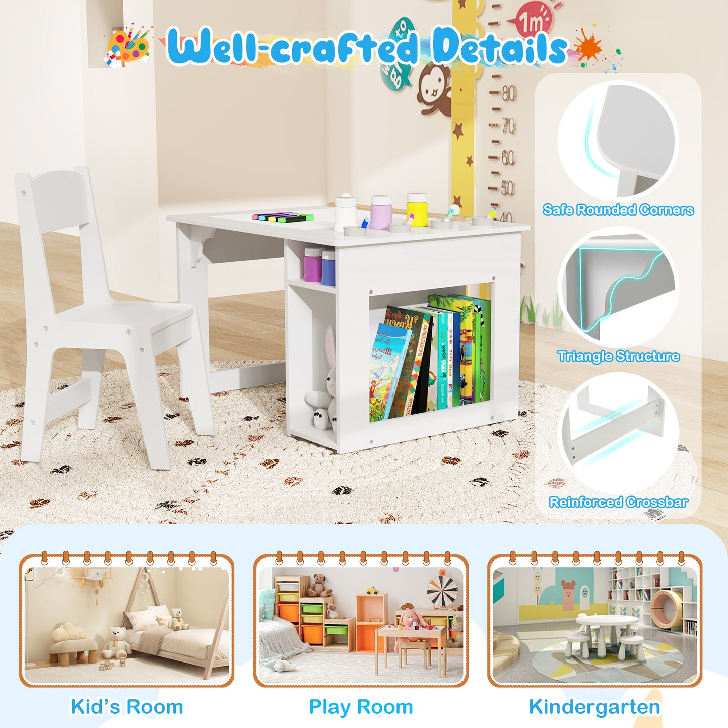 Kids Art Table and Chair Set Toddler Craft Drawing Desk-White Kids Crystal
