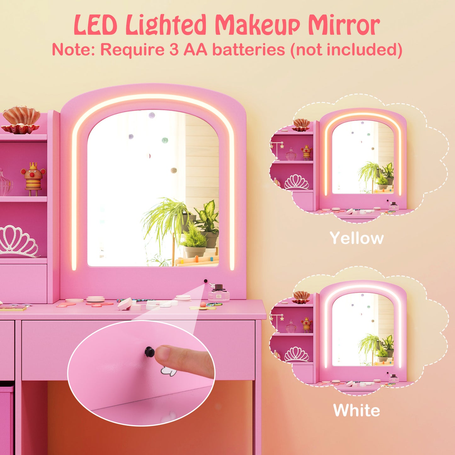 Kids Vanity Set with Lighted Mirror Makeup Desk and Chair Set with Drawers-Pink Kids Crystal