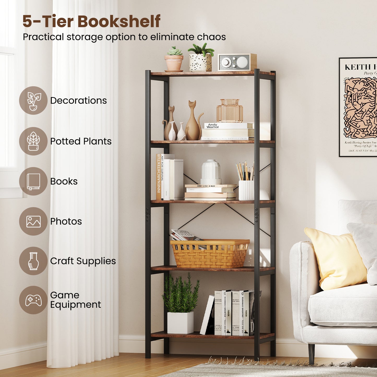 Multipurpose Open Bookcase Industrial Rack Wide Standing Storage Shelf-Brown Kids Crystal