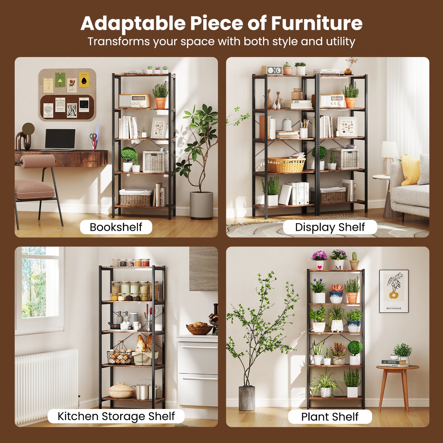 Multipurpose Open Bookcase Industrial Rack Wide Standing Storage Shelf-Brown Kids Crystal