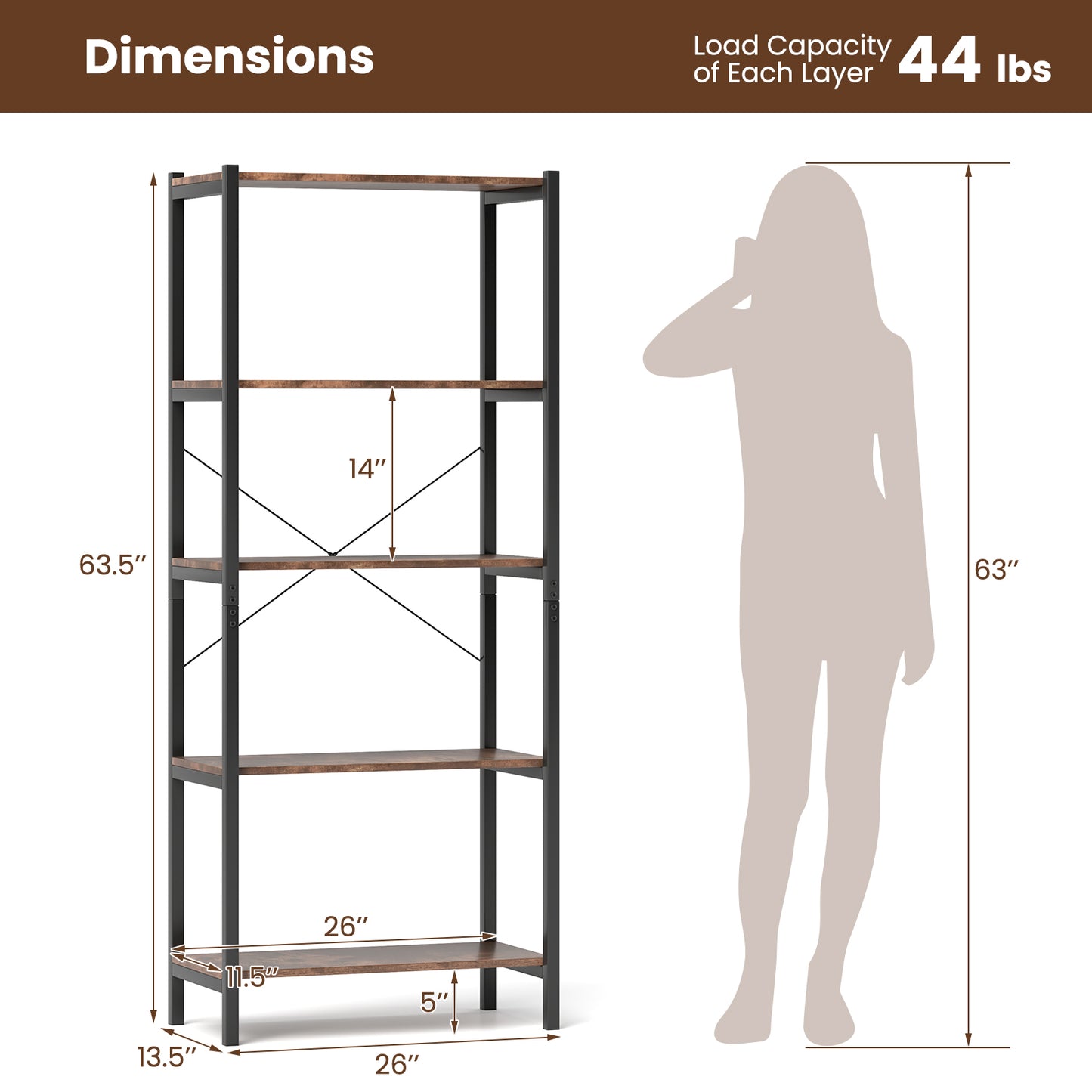 Multipurpose Open Bookcase Industrial Rack Wide Standing Storage Shelf-Brown Kids Crystal