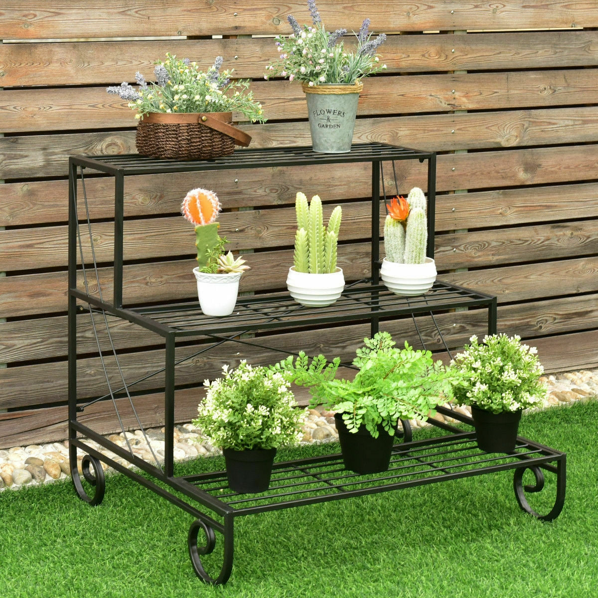 3 Tier Outdoor Metal Garden Planter Holder Shelf Kids Crystal