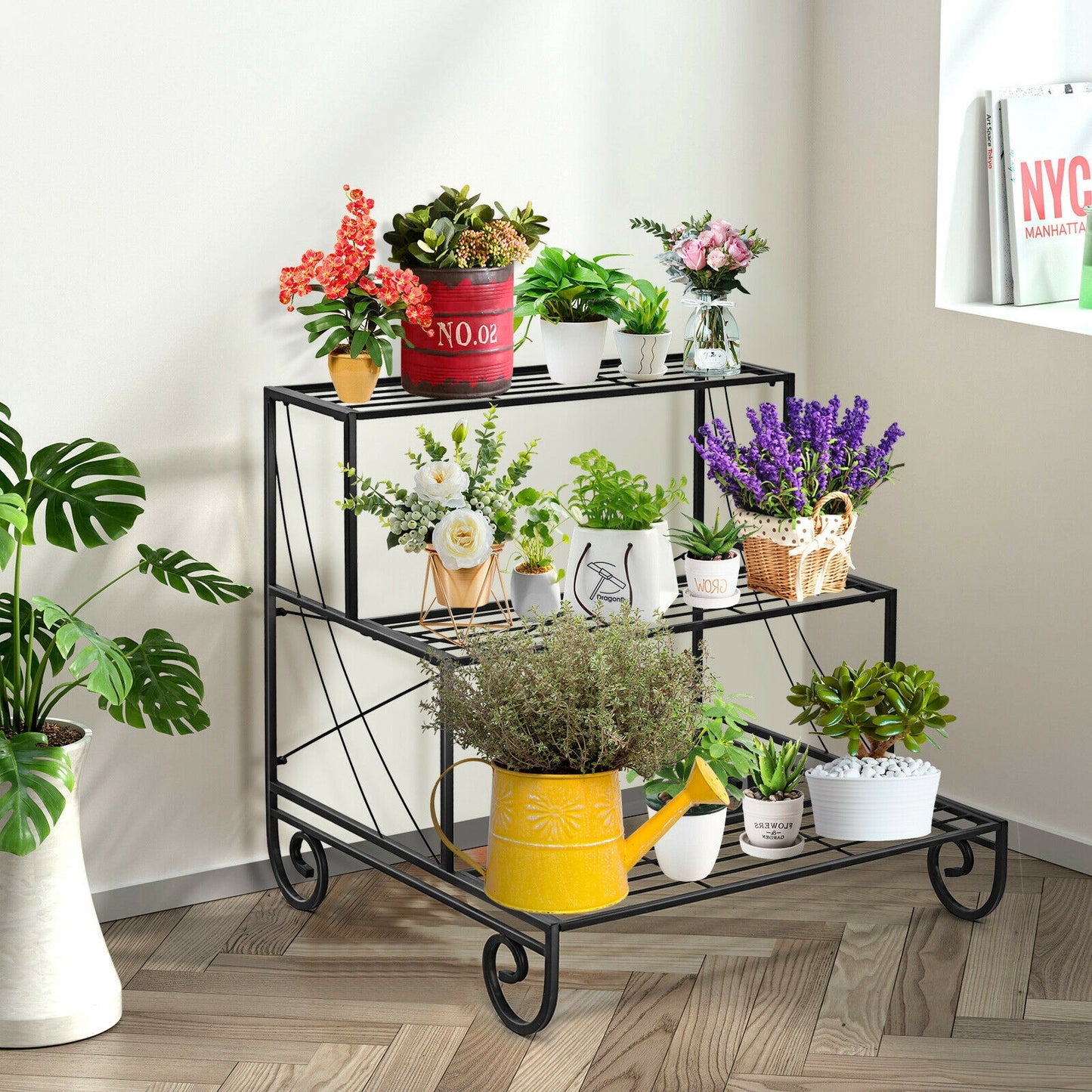 3 Tier Outdoor Metal Garden Planter Holder Shelf Kids Crystal