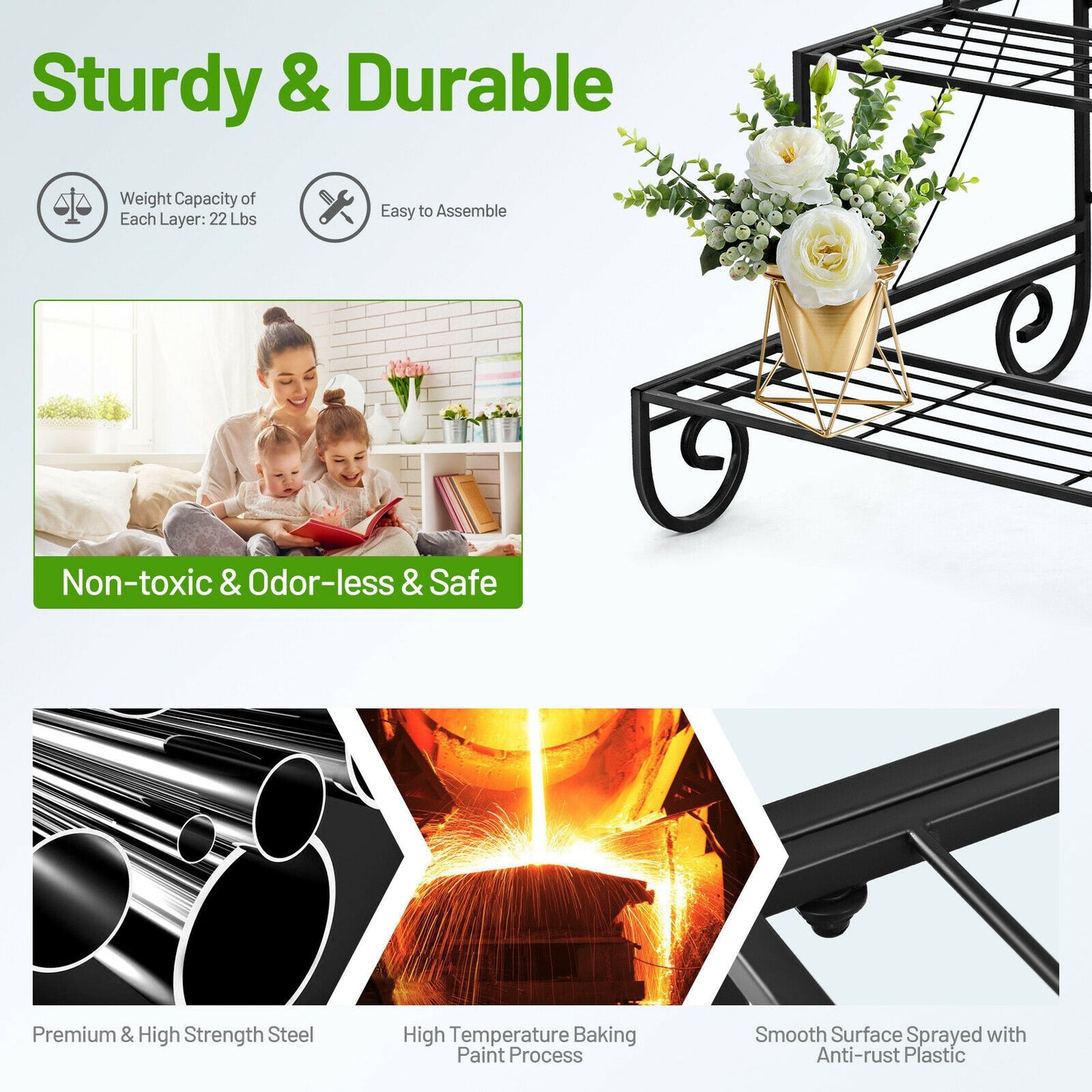 3 Tier Outdoor Metal Garden Planter Holder Shelf Kids Crystal